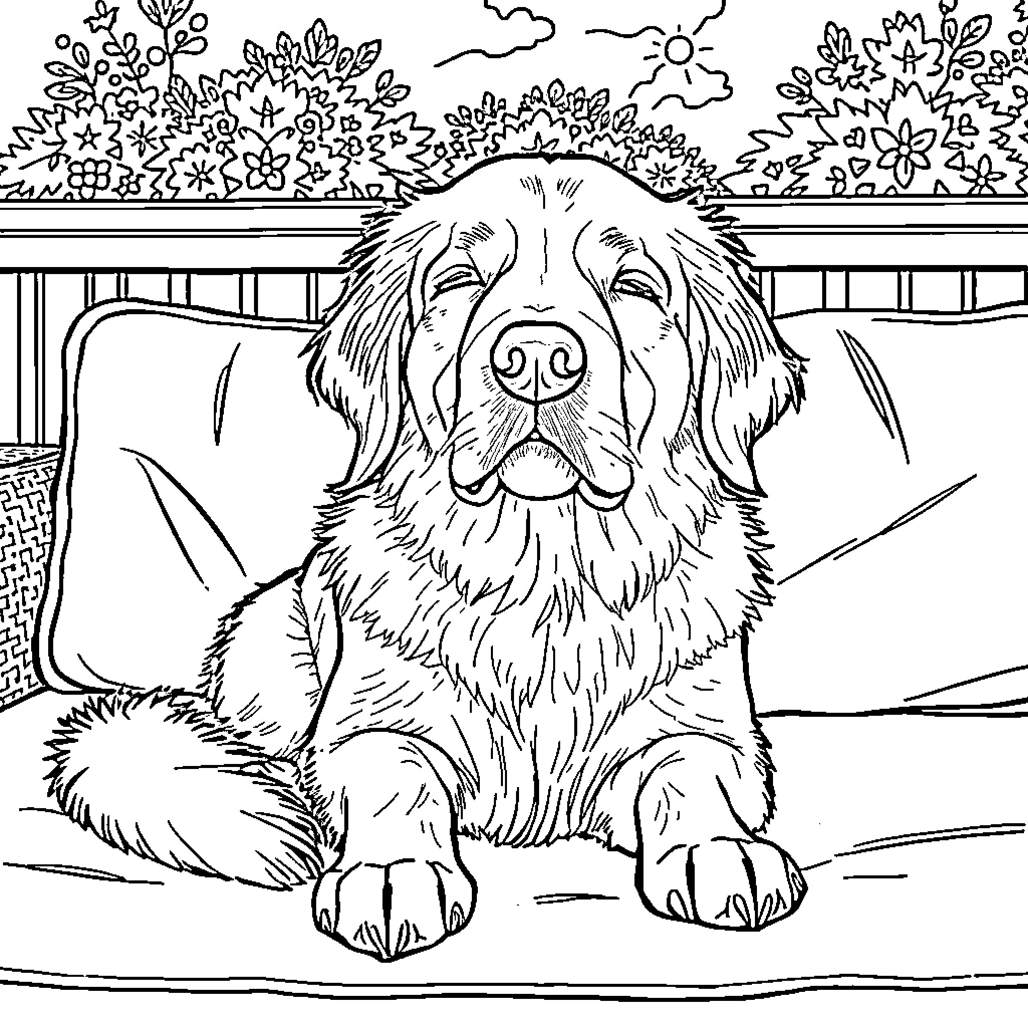 Golden Retriever relaxing in a scenic outdoor setting Coloring Page (free black-and-white line drawing printable PDF for all, from beginners to advanced learners, including children, teens, adults, and seniors)