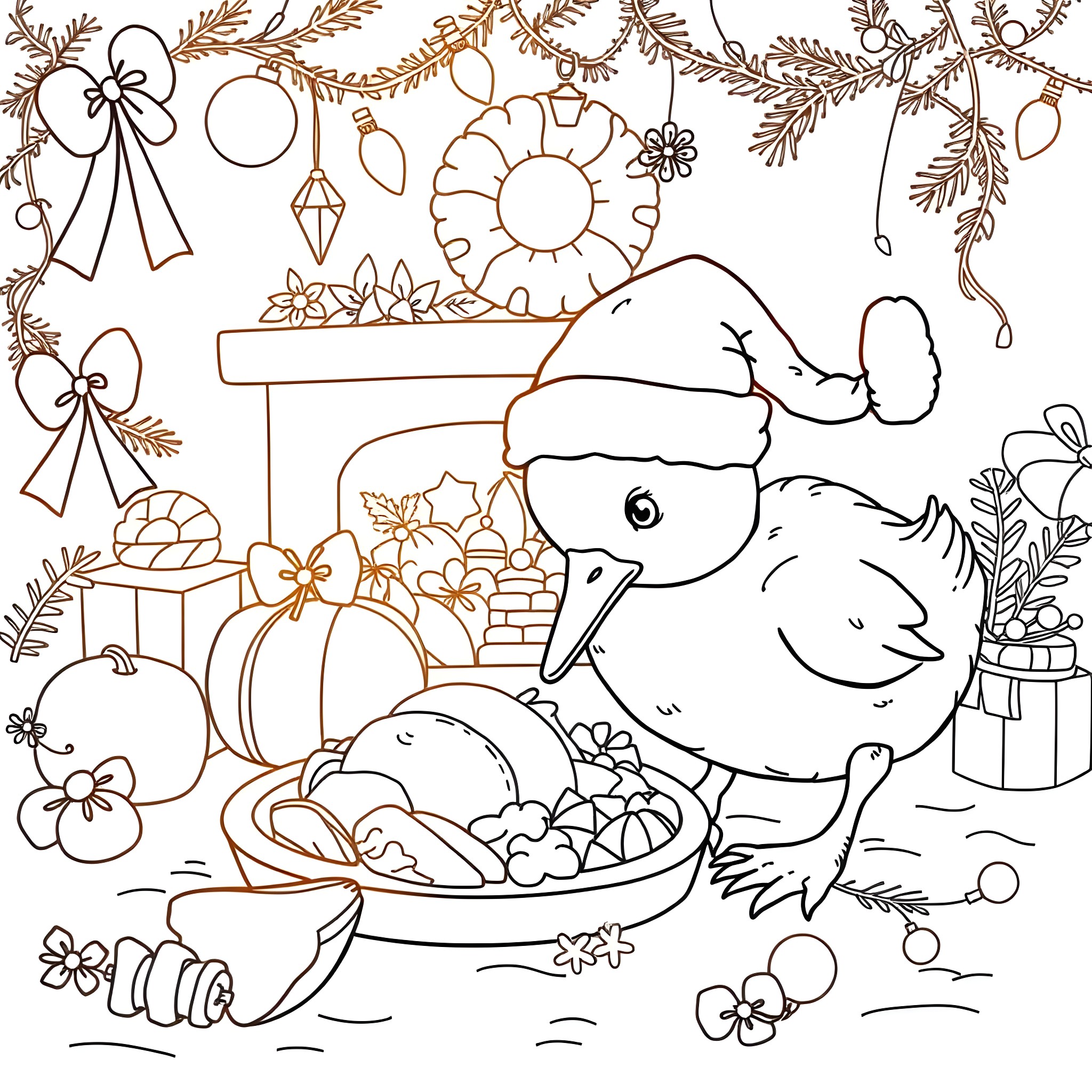 Duck preparing for festive holiday celebration Coloring Page (free black-and-white line drawing printable PDF for all, from beginners to advanced learners, including children, teens, adults, and seniors)