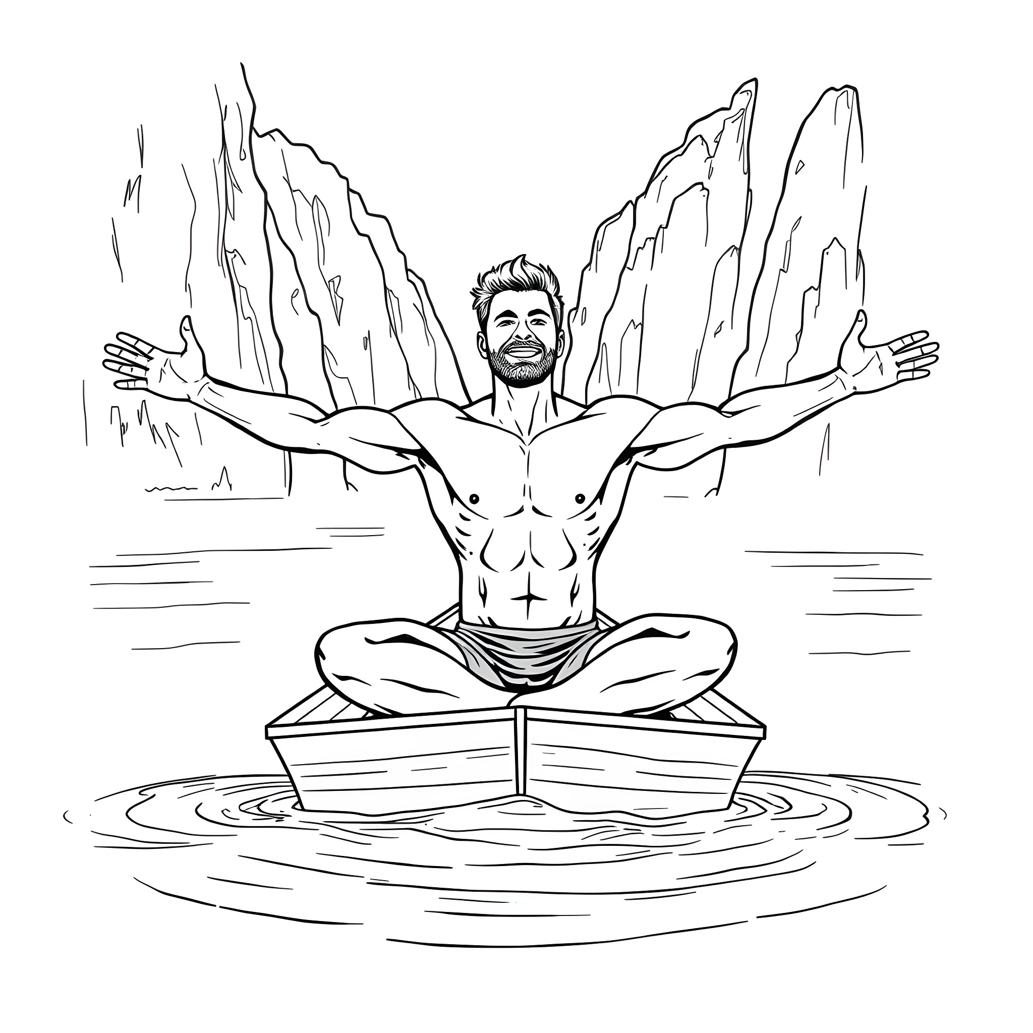 Man meditating peacefully in nature Coloring Page (free black-and-white line drawing printable PDF for all, from beginners to advanced learners, including children, teens, adults, and seniors)