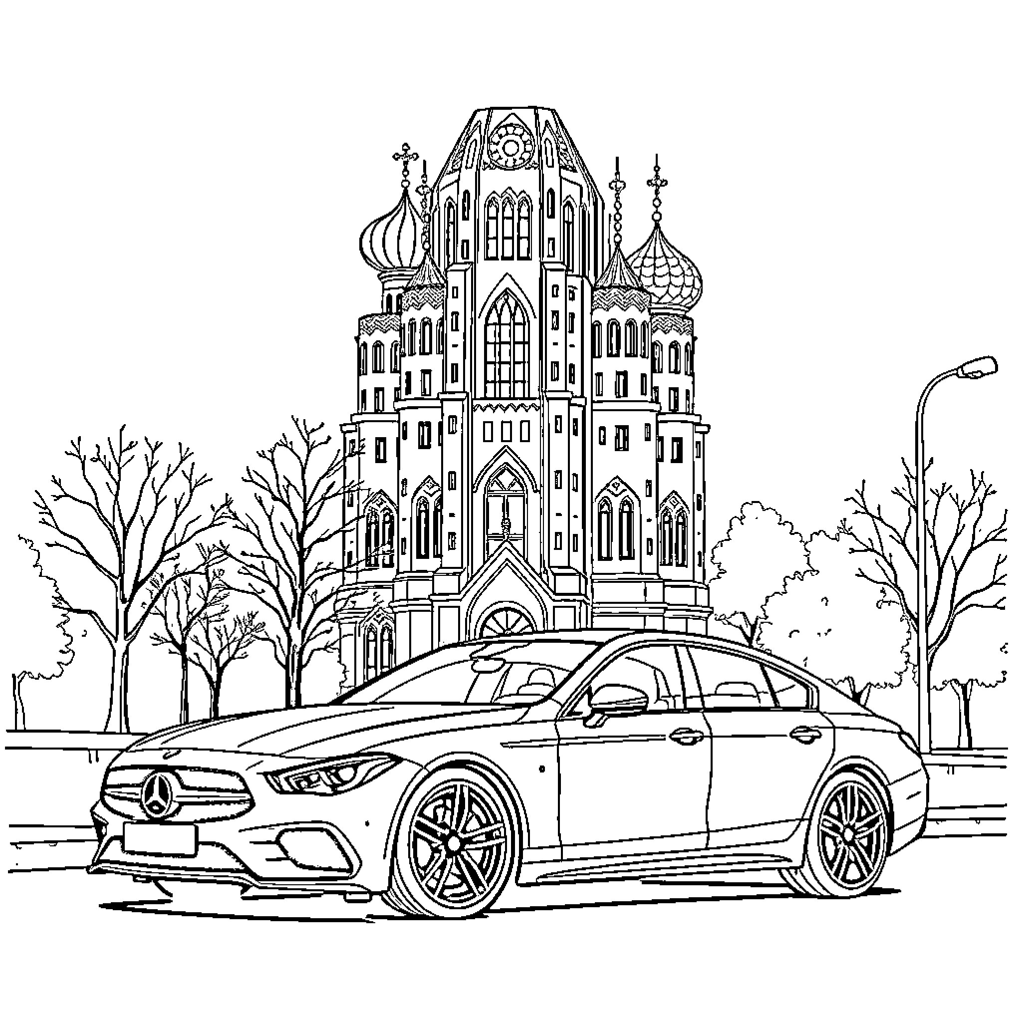 Car driving past grand cathedral in a city Coloring Page (free black-and-white line drawing printable PDF for all, from beginners to advanced learners, including children, teens, adults, and seniors)