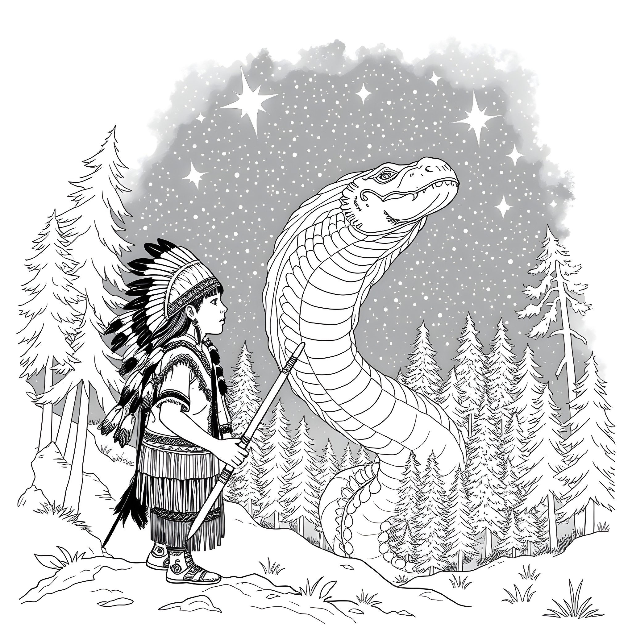Warrior confronts a giant snake in a snowy forest Coloring Page (free black-and-white line drawing printable PDF for all, from beginners to advanced learners, including children, teens, adults, and seniors)
