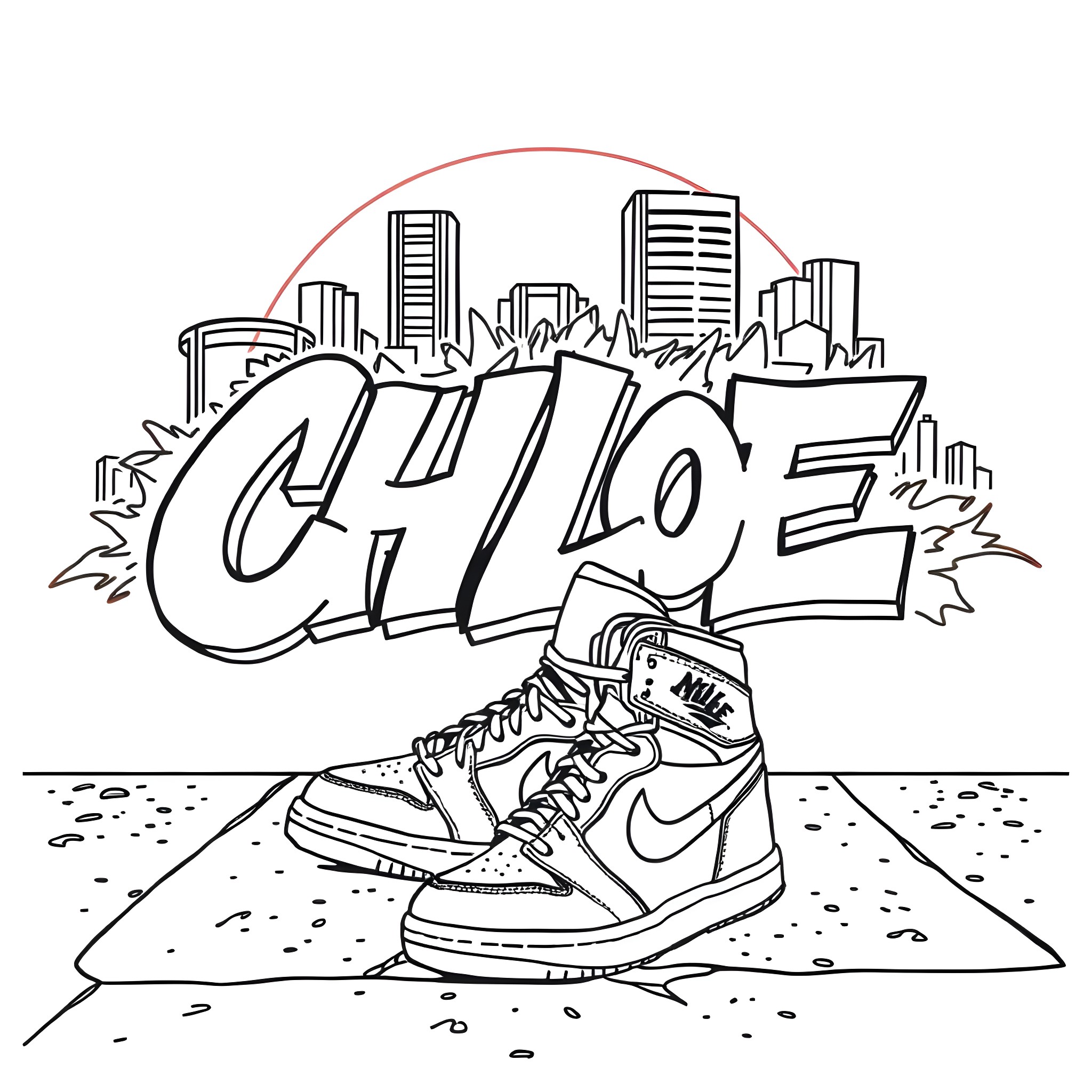 Chloe's Sneaker Adventures in the City Coloring Page (free black-and-white line drawing printable PDF for all, from beginners to advanced learners, including children, teens, adults, and seniors)