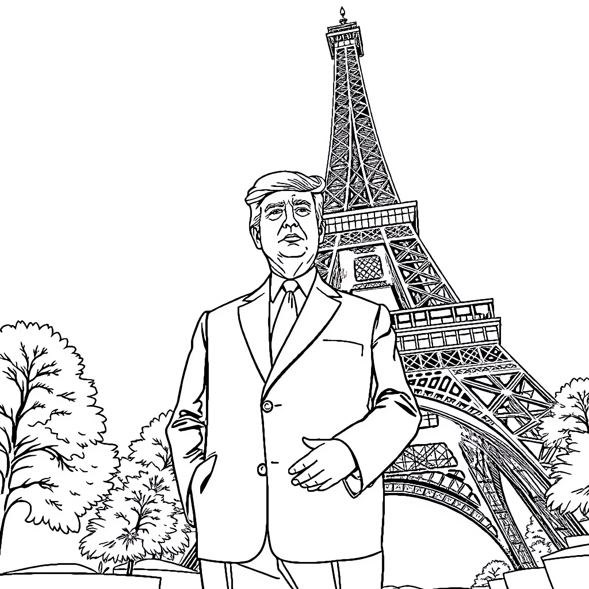 Trump in Formal Attire in Front of Eiffel Tower Coloring Page (free black-and-white line drawing printable PDF for all, from beginners to advanced learners, including children, teens, adults, and seniors)