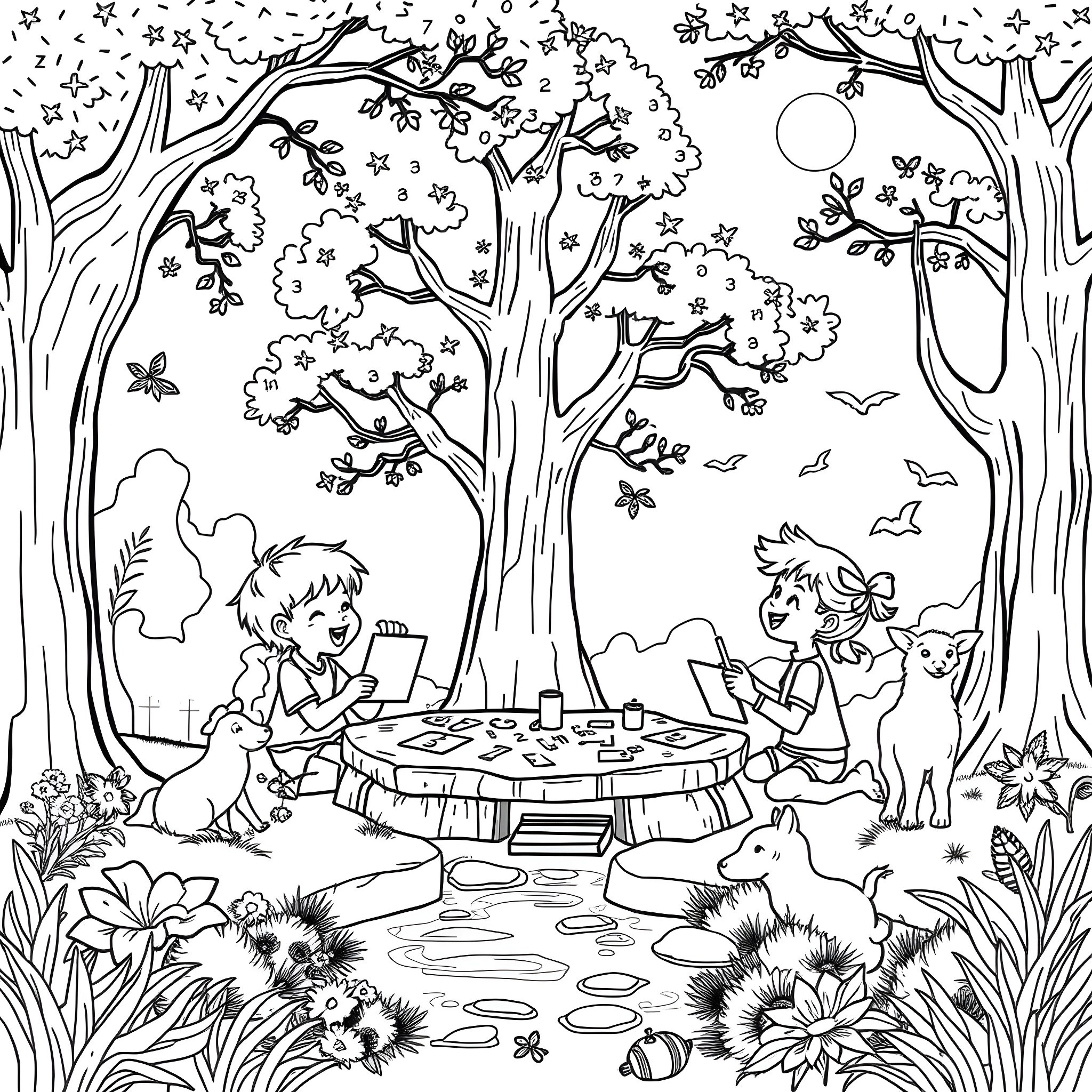 Child playing happily with animals in the magical forest Coloring Page (free black-and-white line drawing printable PDF for all, from beginners to advanced learners, including children, teens, adults, and seniors)