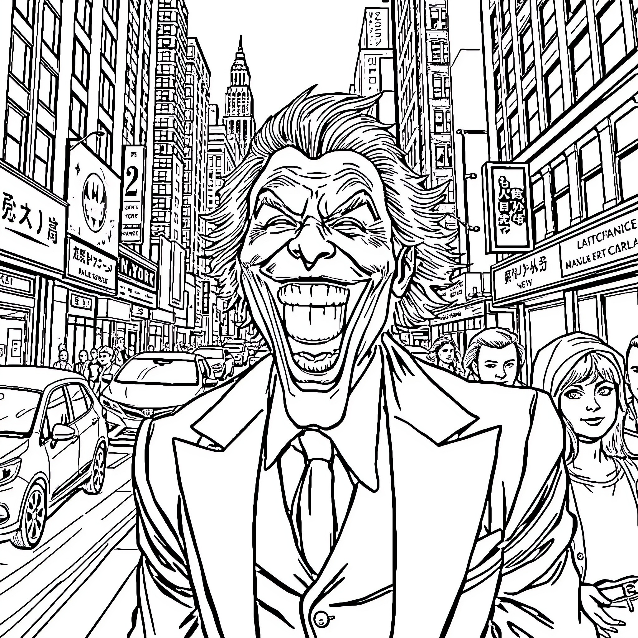 Joker's Mischievous Antics in the City Coloring Page (free black-and-white line drawing printable PDF for all, from beginners to advanced learners, including children, teens, adults, and seniors)