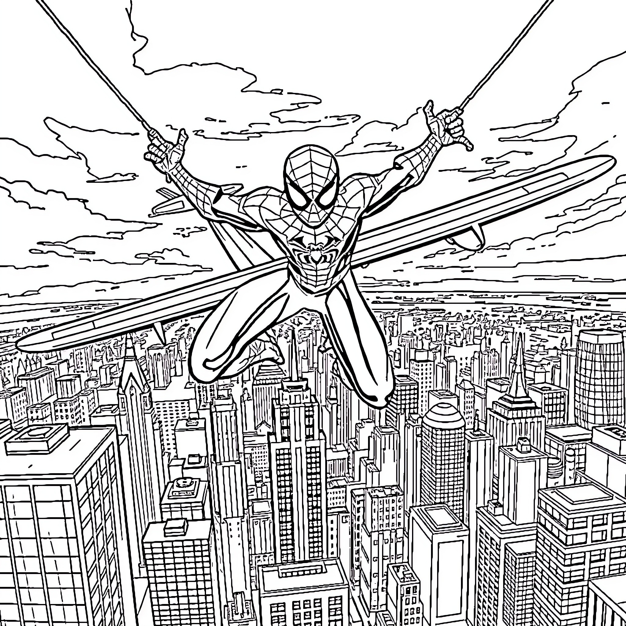Spiderman swinging through the city skyline Coloring Page (free black-and-white line drawing printable PDF for all, from beginners to advanced learners, including children, teens, adults, and seniors)