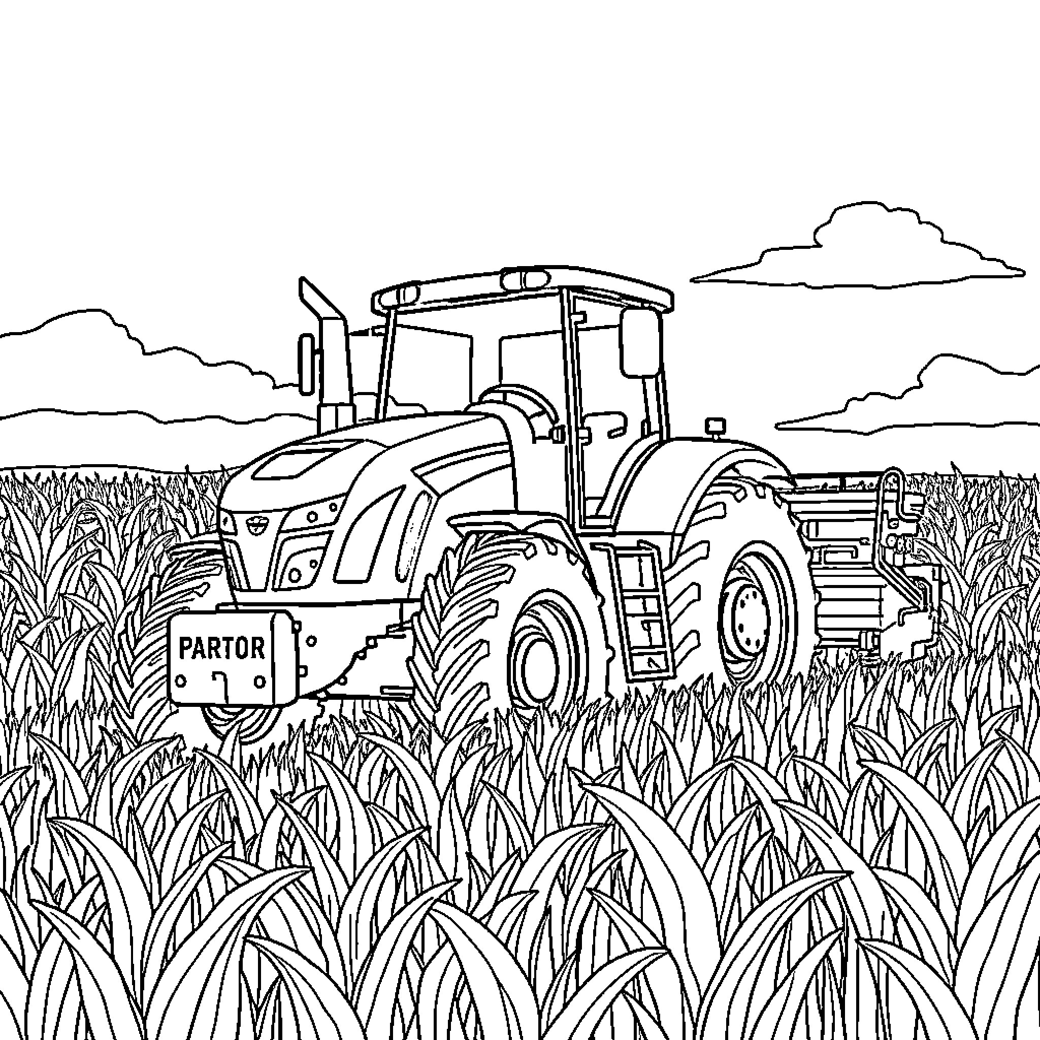 Tractor plowing through lush farmland Coloring Page (free black-and-white line drawing printable PDF for all, from beginners to advanced learners, including children, teens, adults, and seniors)