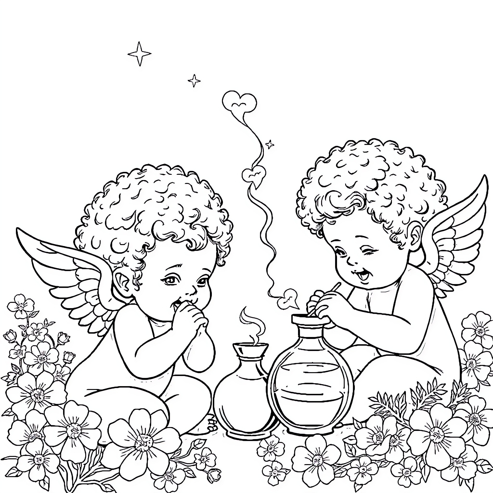 Cherub Angels Playing with Flower Vase Coloring Page (free black-and-white line drawing printable PDF for all, from beginners to advanced learners, including children, teens, adults, and seniors)
