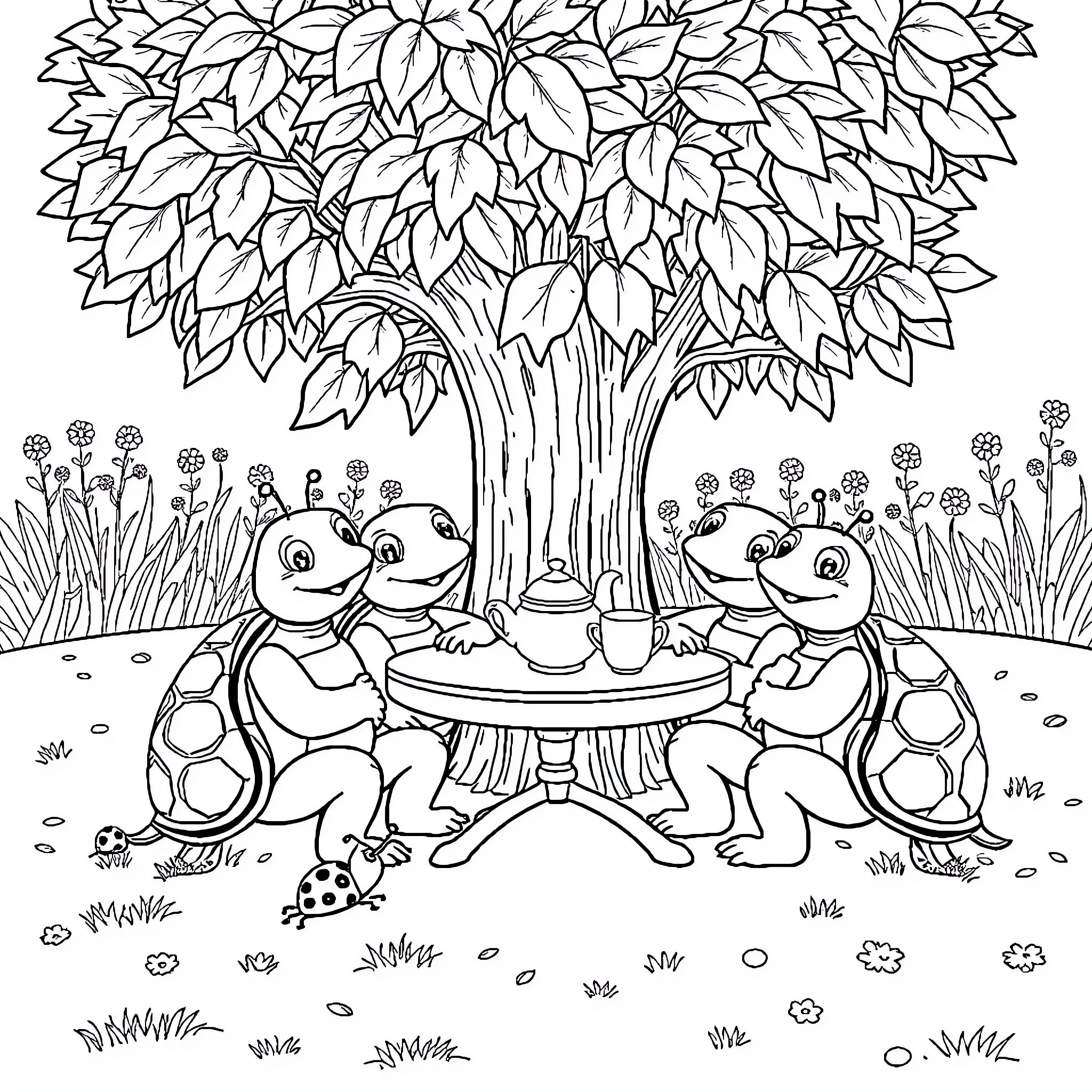 Turtles having a picnic under a leafy tree Coloring Page (free black-and-white line drawing printable PDF for all, from beginners to advanced learners, including children, teens, adults, and seniors)