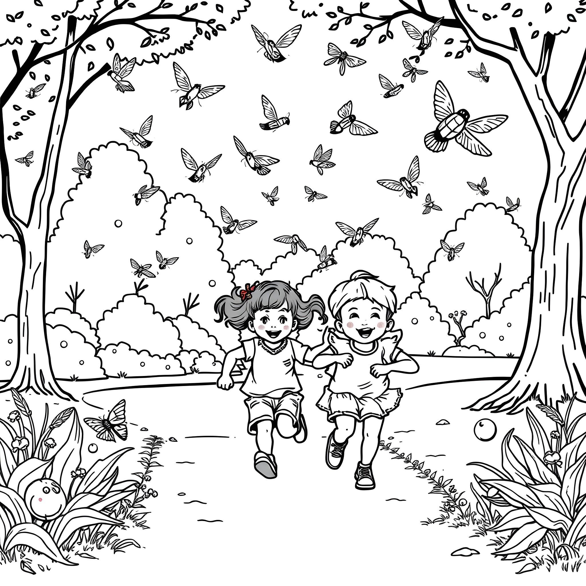 Toddlers chasing butterflies in the park Coloring Page (free black-and-white line drawing printable PDF for all, from beginners to advanced learners, including children, teens, adults, and seniors)