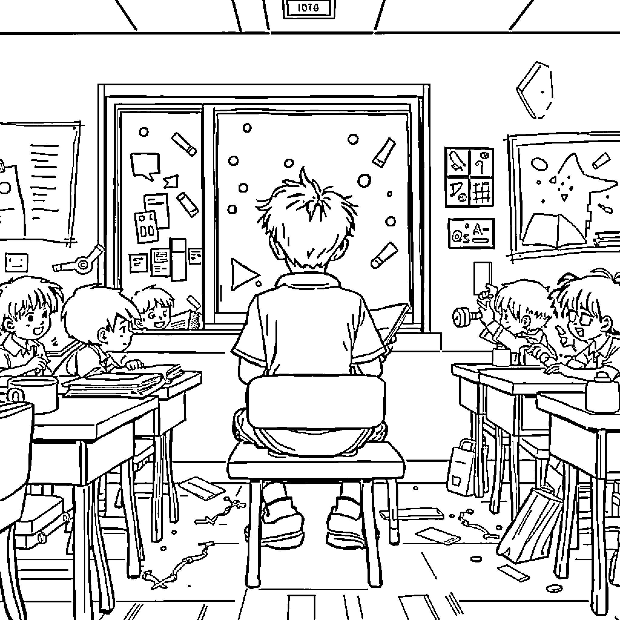 Boy focused on school work in messy classroom Coloring Page (free black-and-white line drawing printable PDF for all, from beginners to advanced learners, including children, teens, adults, and seniors)