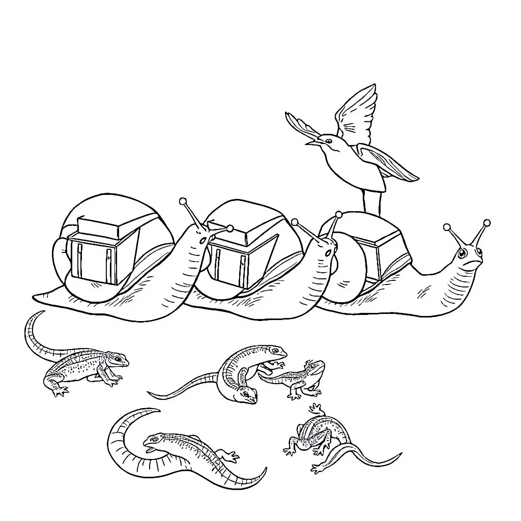 Escargot with Whimsical Backpacks and Winged Companion Coloring Page (free black-and-white line drawing printable PDF for all, from beginners to advanced learners, including children, teens, adults, and seniors)