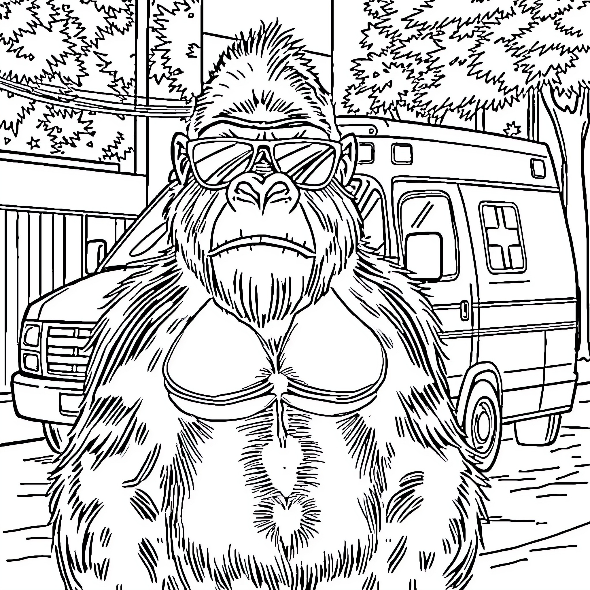Gorilla standing proudly in front of an ambulance Coloring Page (free black-and-white line drawing printable PDF for all, from beginners to advanced learners, including children, teens, adults, and seniors)