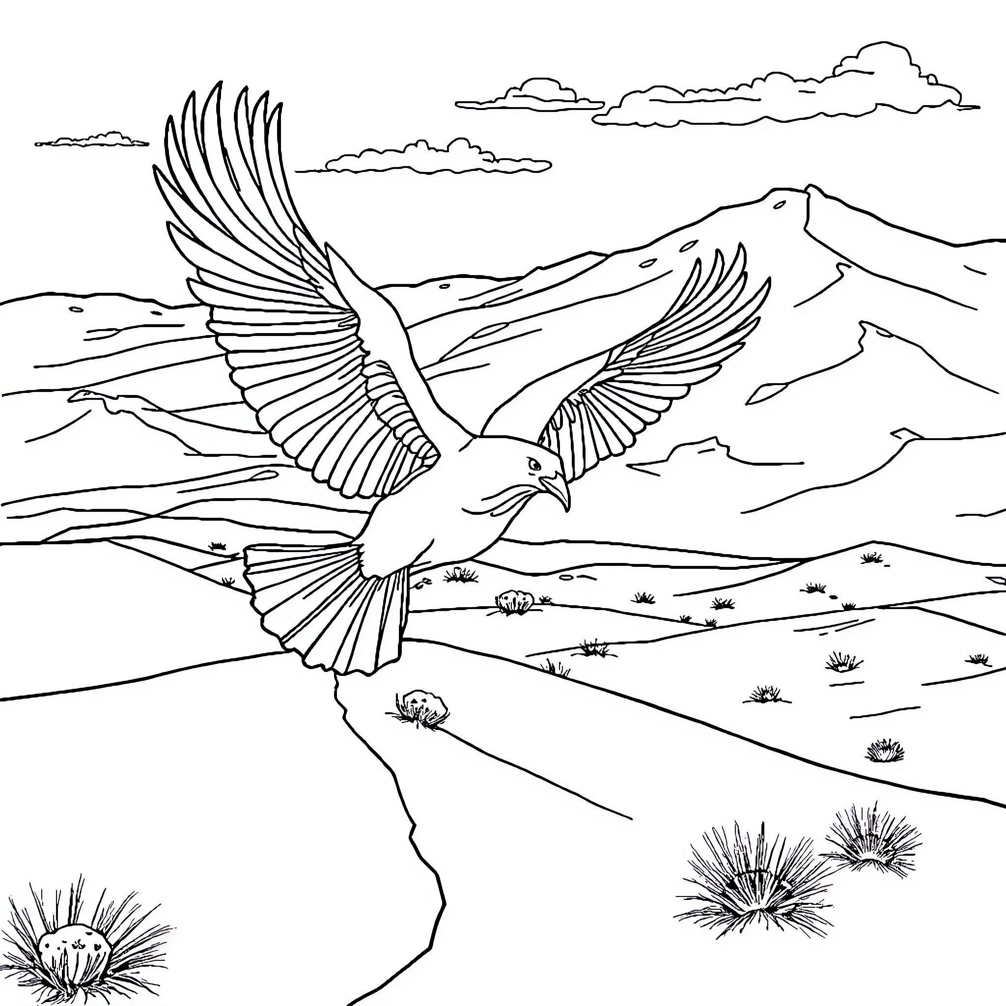 Parrot soaring through the majestic mountain landscape Coloring Page (free black-and-white line drawing printable PDF for all, from beginners to advanced learners, including children, teens, adults, and seniors)