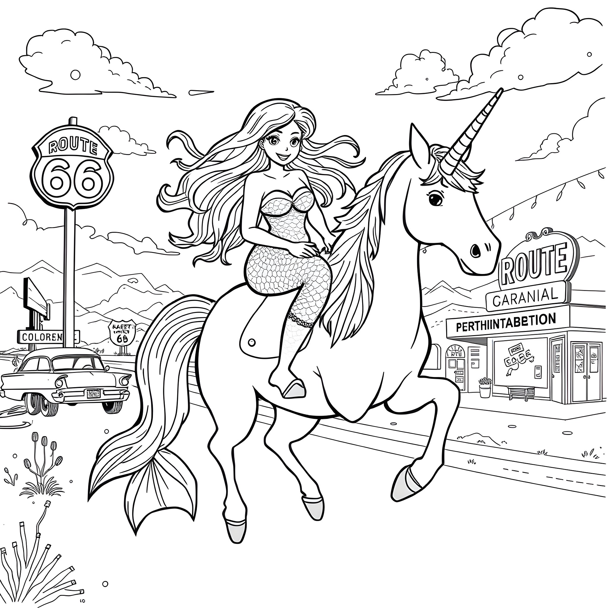 Mermaid riding a unicorn on Route 66 Coloring Page (free black-and-white line drawing printable PDF for all, from beginners to advanced learners, including children, teens, adults, and seniors)