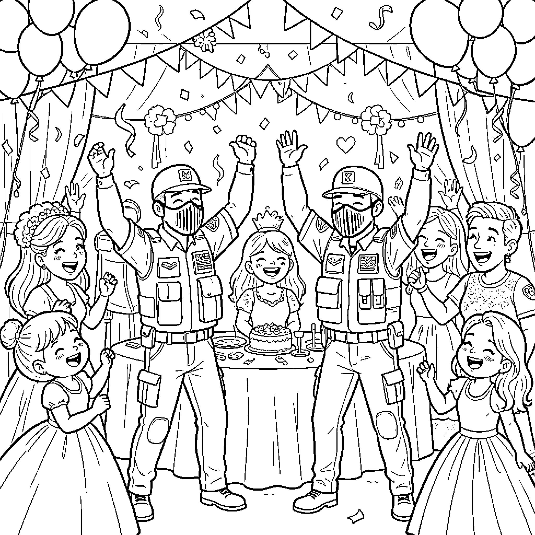 Ice Agent Celebrate Birthday Party with Family and Friends Coloring Page (free black-and-white line drawing printable PDF for all, from beginners to advanced learners, including children, teens, adults, and seniors)