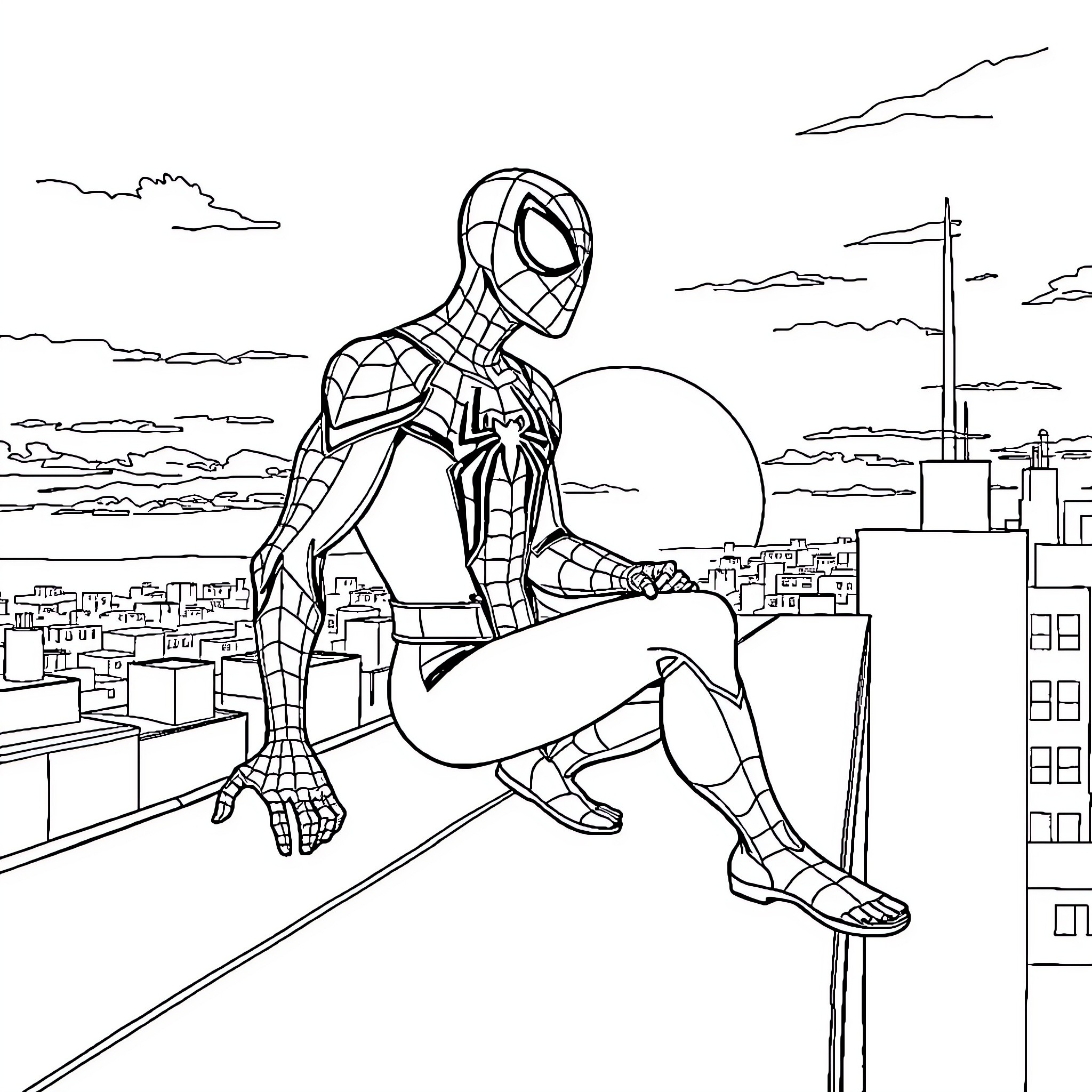 Spiderman swinging through the city skyline Coloring Page (free black-and-white line drawing printable PDF for all, from beginners to advanced learners, including children, teens, adults, and seniors)