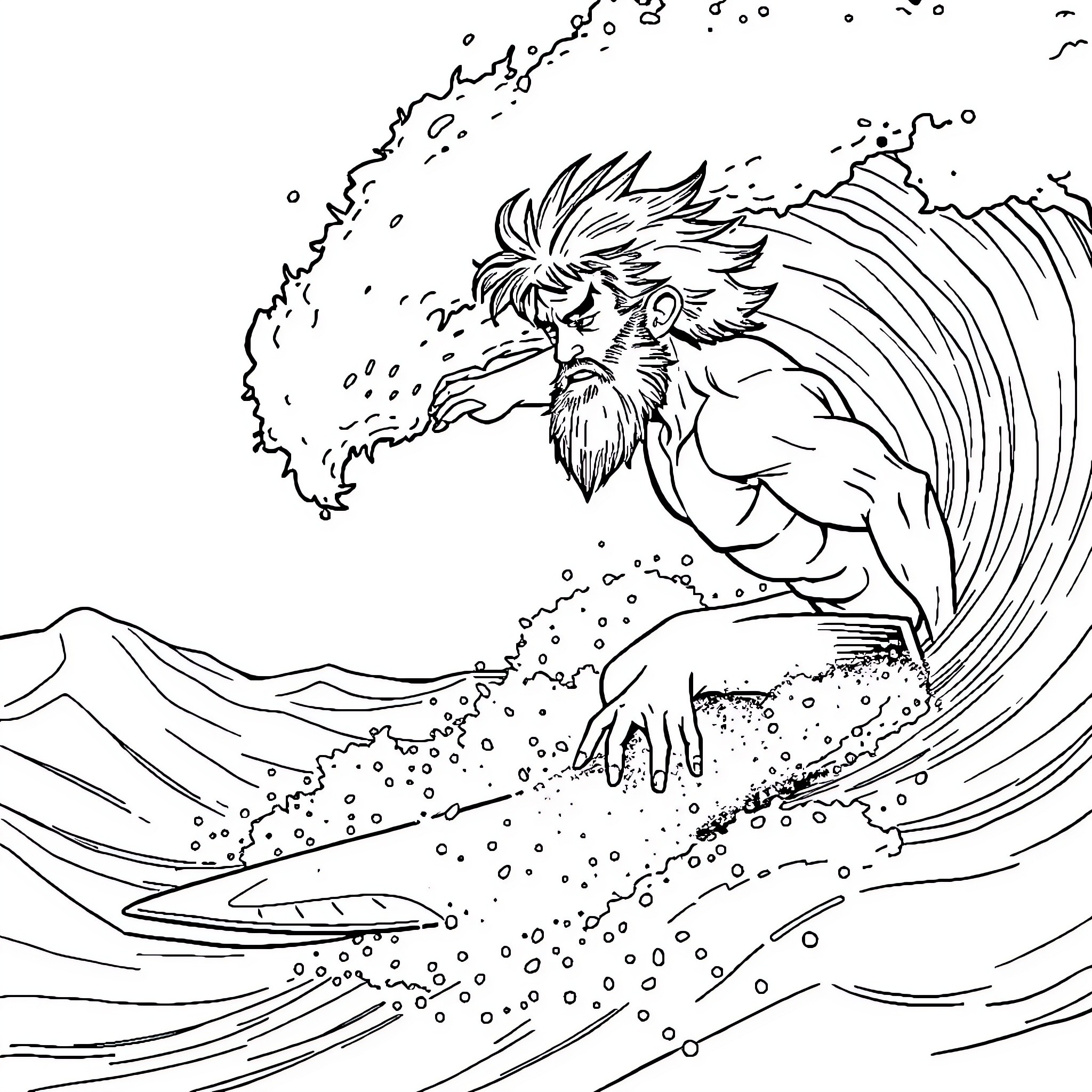 George rides the mighty wave with ferocity Coloring Page (free black-and-white line drawing printable PDF for all, from beginners to advanced learners, including children, teens, adults, and seniors)