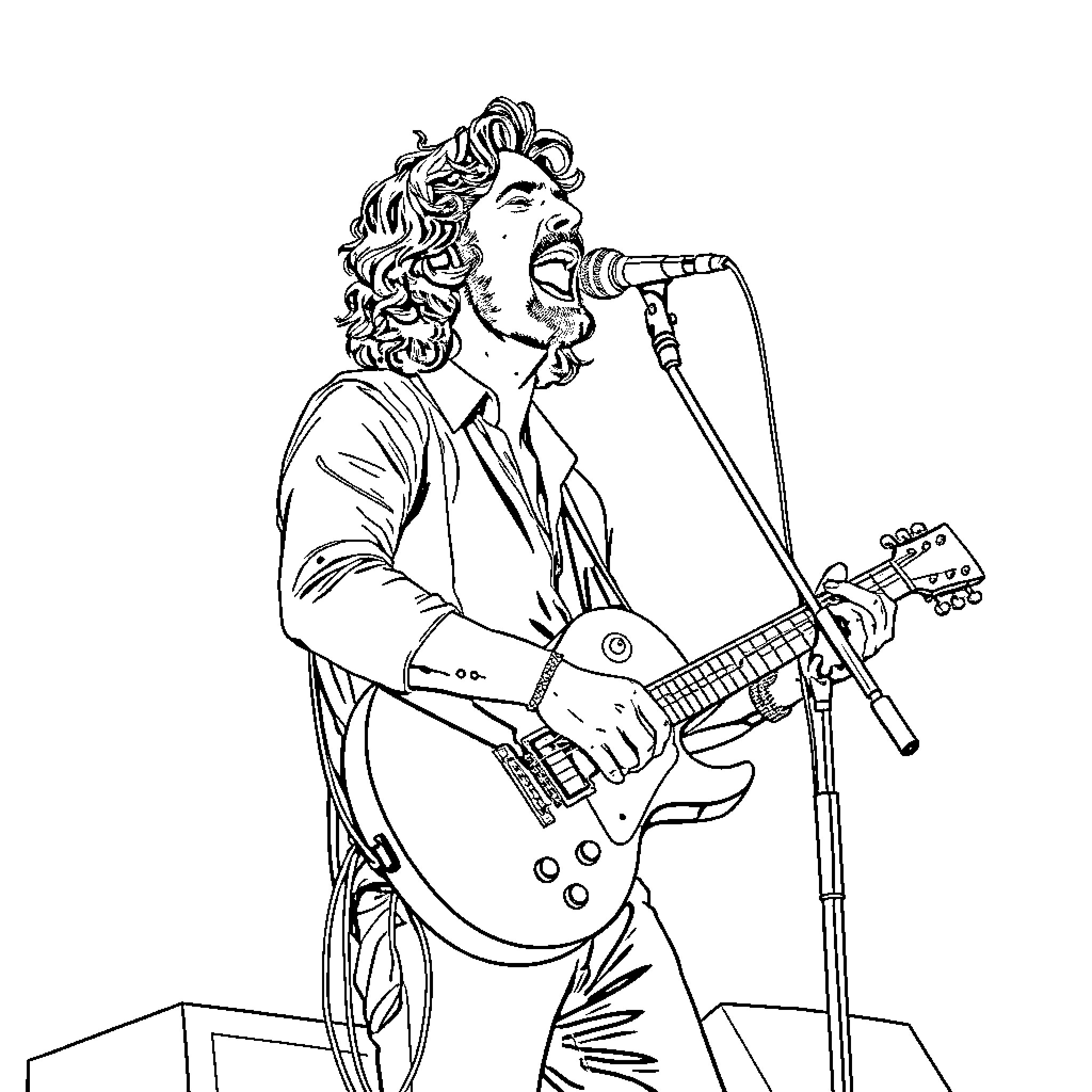 Hozier performing on stage with guitar and microphone Coloring Page (free black-and-white line drawing printable PDF for all, from beginners to advanced learners, including children, teens, adults, and seniors)