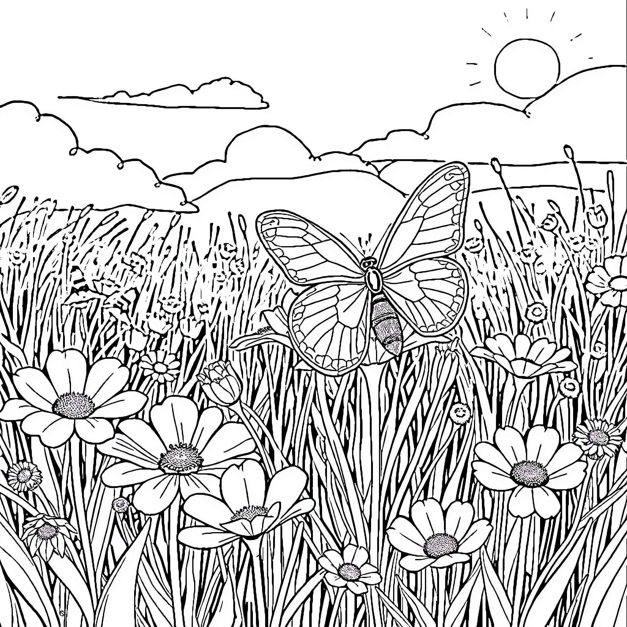 Ladybug in a Flowery Meadow Coloring Page (free black-and-white line drawing printable PDF for all, from beginners to advanced learners, including children, teens, adults, and seniors)
