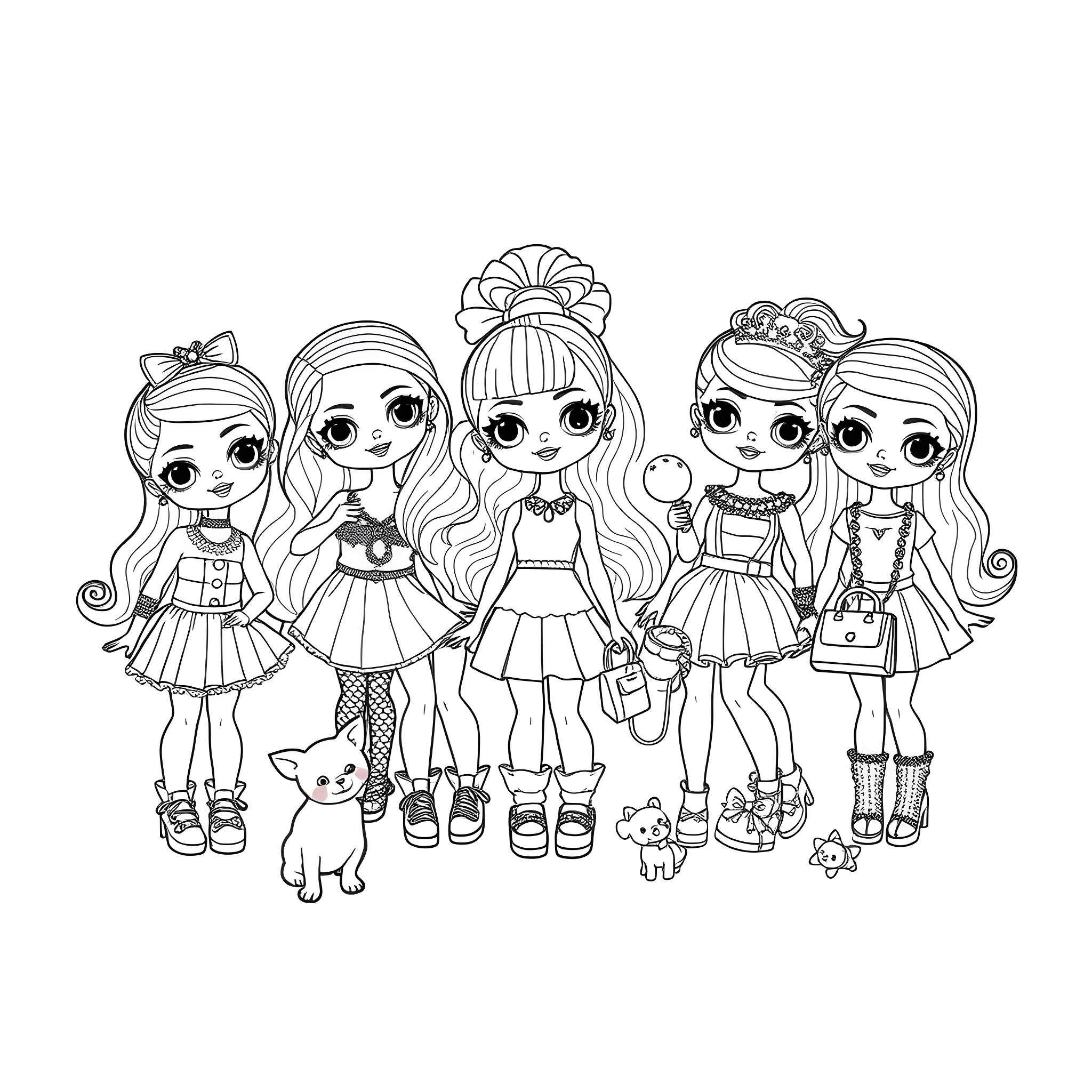 Lol Doll Dolls in Various Outfits and Poses Coloring Page (free black-and-white line drawing printable PDF for all, from beginners to advanced learners, including children, teens, adults, and seniors)