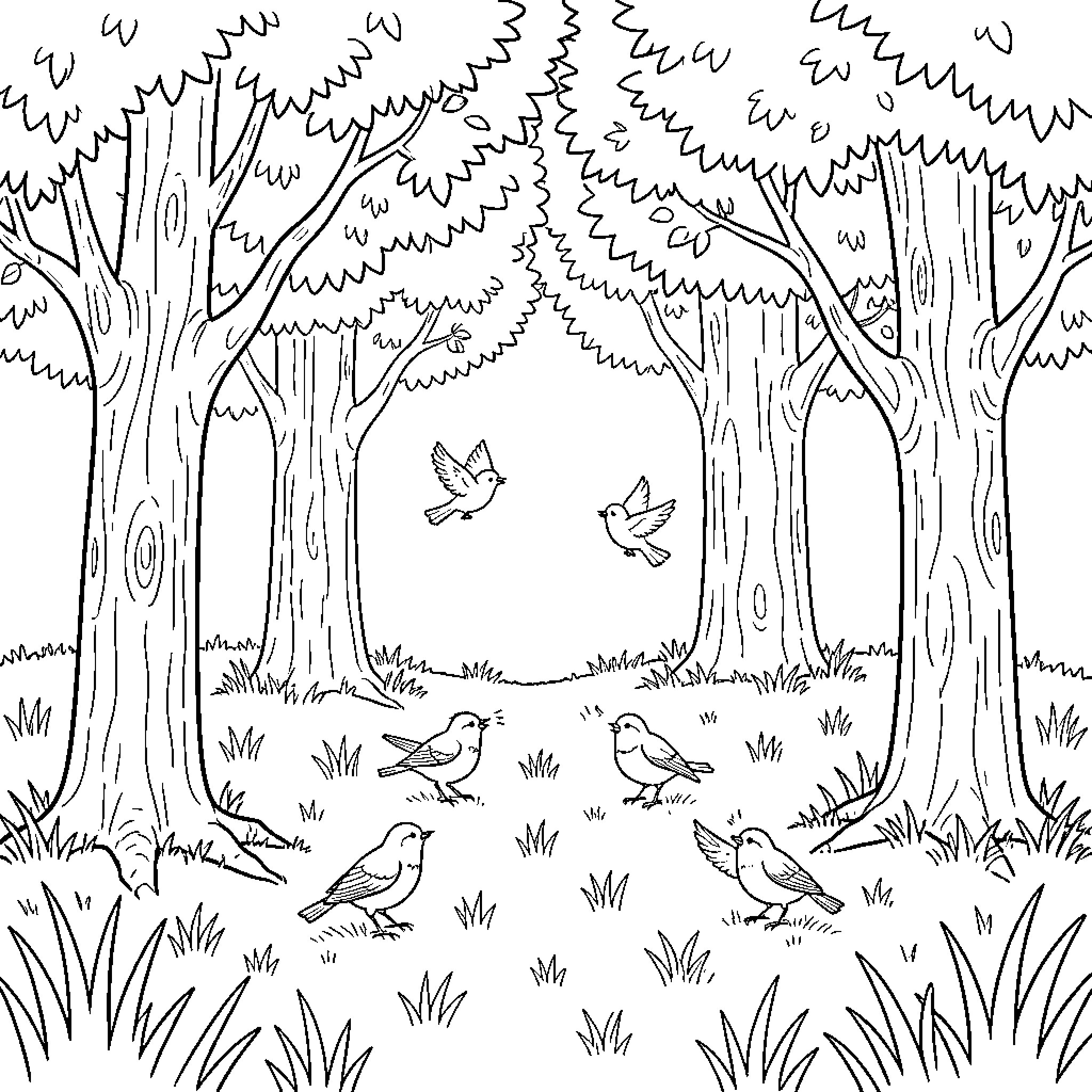 Nature scene with birds flying and resting in a forest Coloring Page (free black-and-white line drawing printable PDF for all, from beginners to advanced learners, including children, teens, adults, and seniors)