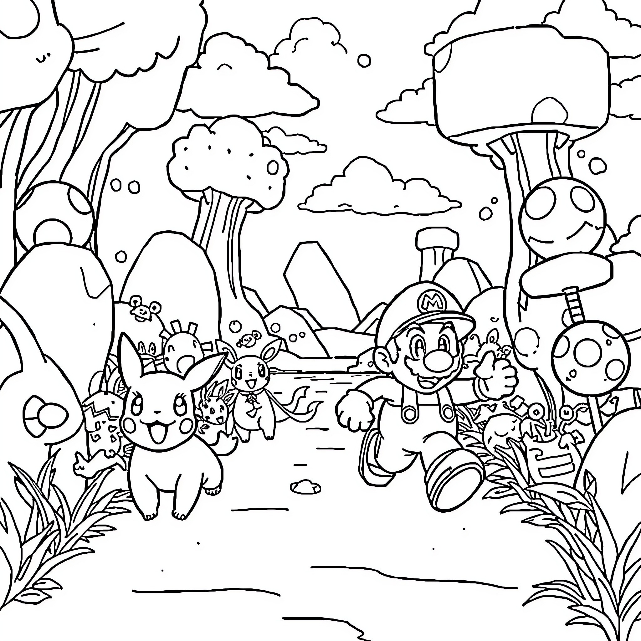 Pokémon characters exploring the fantasy forest landscape Coloring Page (free black-and-white line drawing printable PDF for all, from beginners to advanced learners, including children, teens, adults, and seniors)