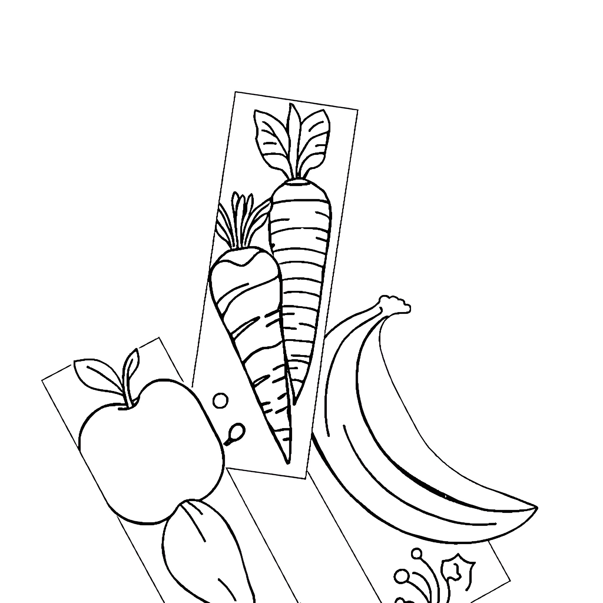 Fruit and Vegetable Assortment in Silhouette Coloring Page (free black-and-white line drawing printable PDF for all, from beginners to advanced learners, including children, teens, adults, and seniors)