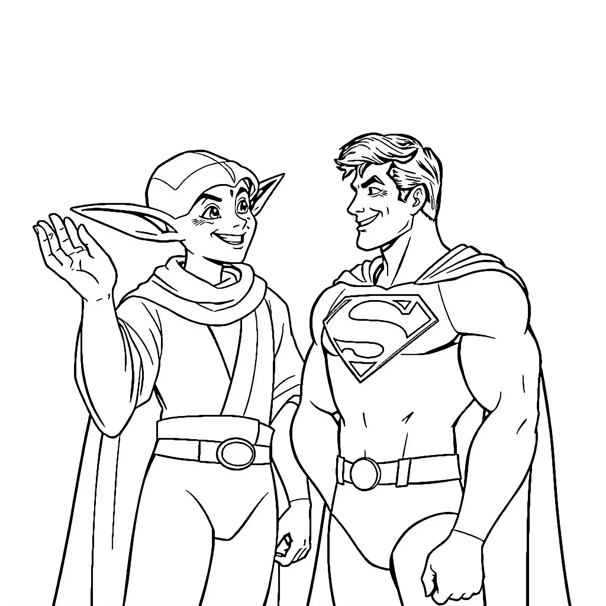 Superman and a Heroic Companion Converse Coloring Page (free black-and-white line drawing printable PDF for all, from beginners to advanced learners, including children, teens, adults, and seniors)
