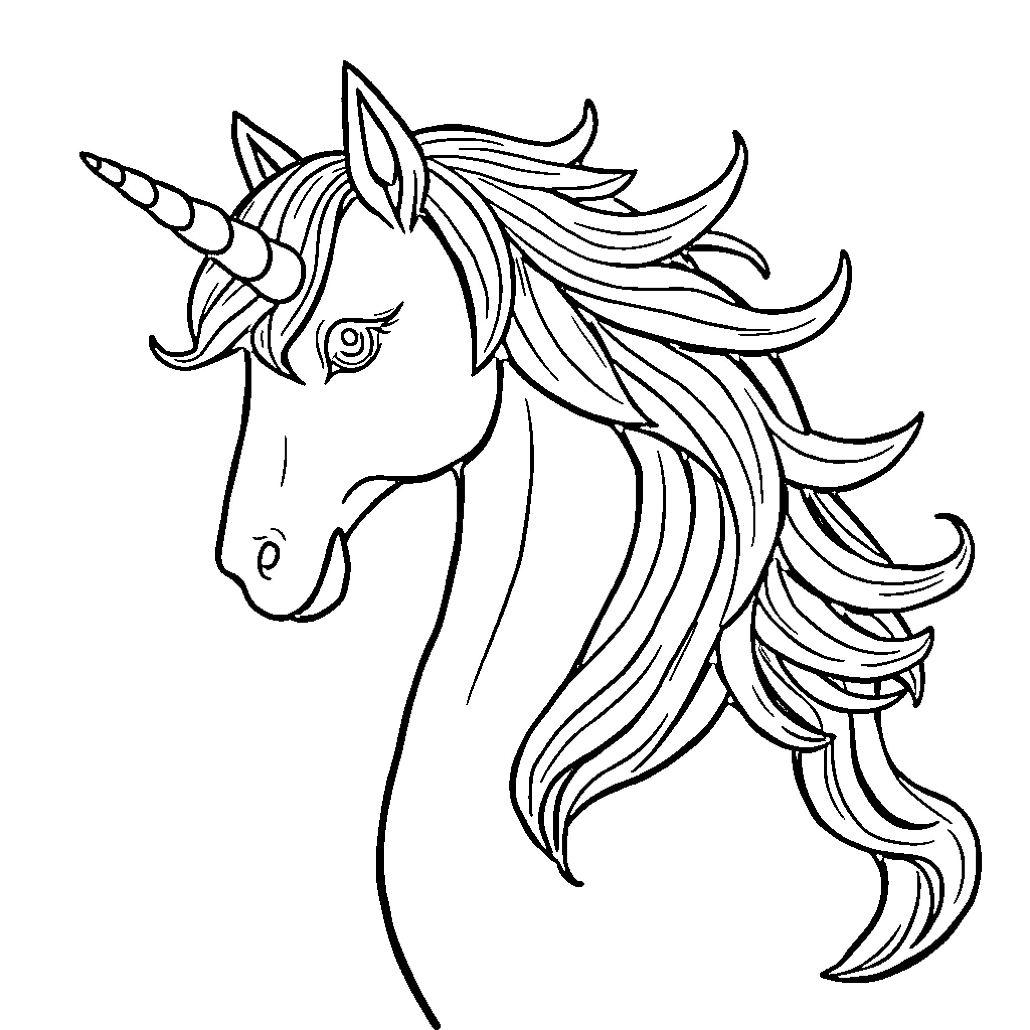 Unicorn with Flowing Mane and Horn Coloring Page (free black-and-white line drawing printable PDF for all, from beginners to advanced learners, including children, teens, adults, and seniors)