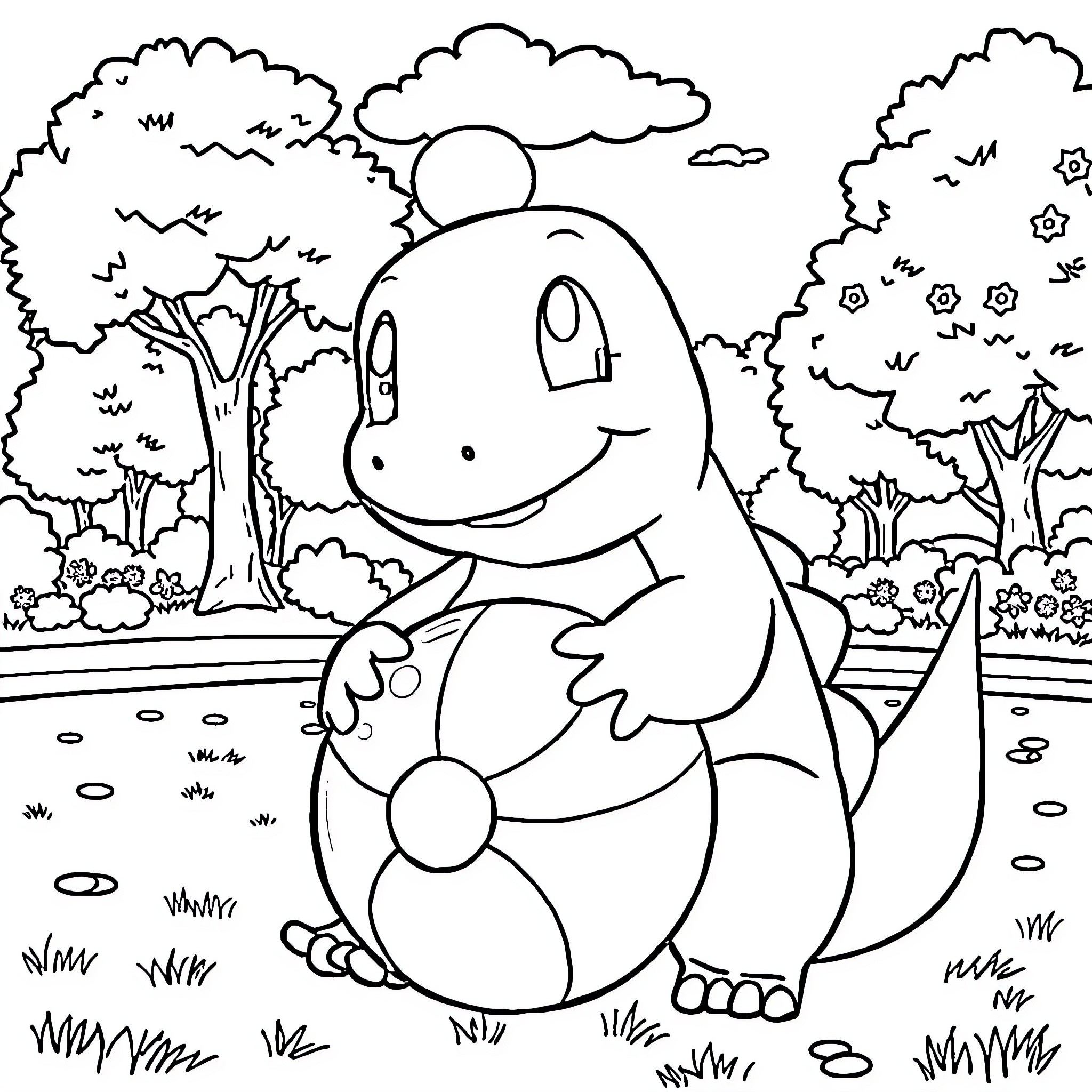 Totodile enjoying a sunny day in the park Coloring Page (free black-and-white line drawing printable PDF for all, from beginners to advanced learners, including children, teens, adults, and seniors)