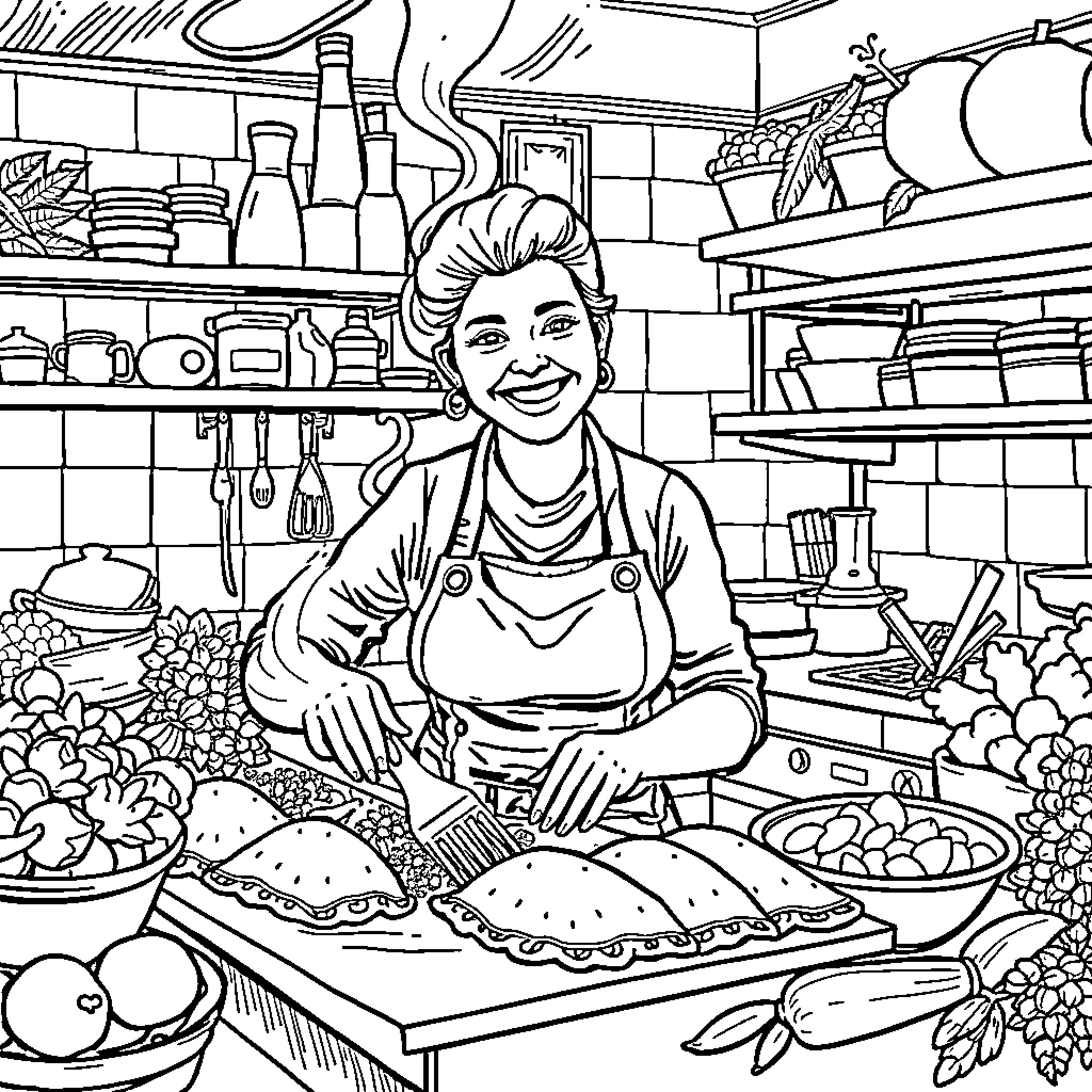Empanada Maker's Busy Kitchen Coloring Page (free black-and-white line drawing printable PDF for all, from beginners to advanced learners, including children, teens, adults, and seniors)