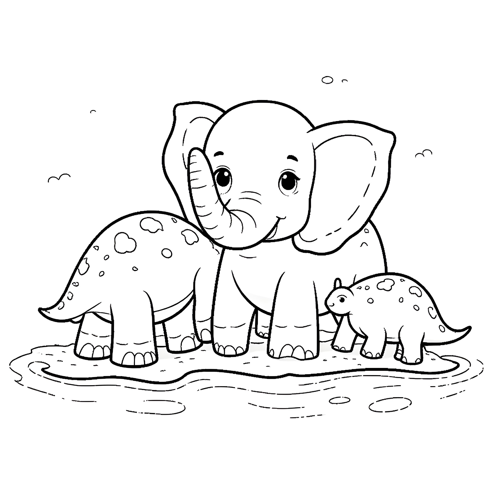 Elephant and Baby Elephants in the Wild Coloring Page (free black-and-white line drawing printable PDF for all, from beginners to advanced learners, including children, teens, adults, and seniors)