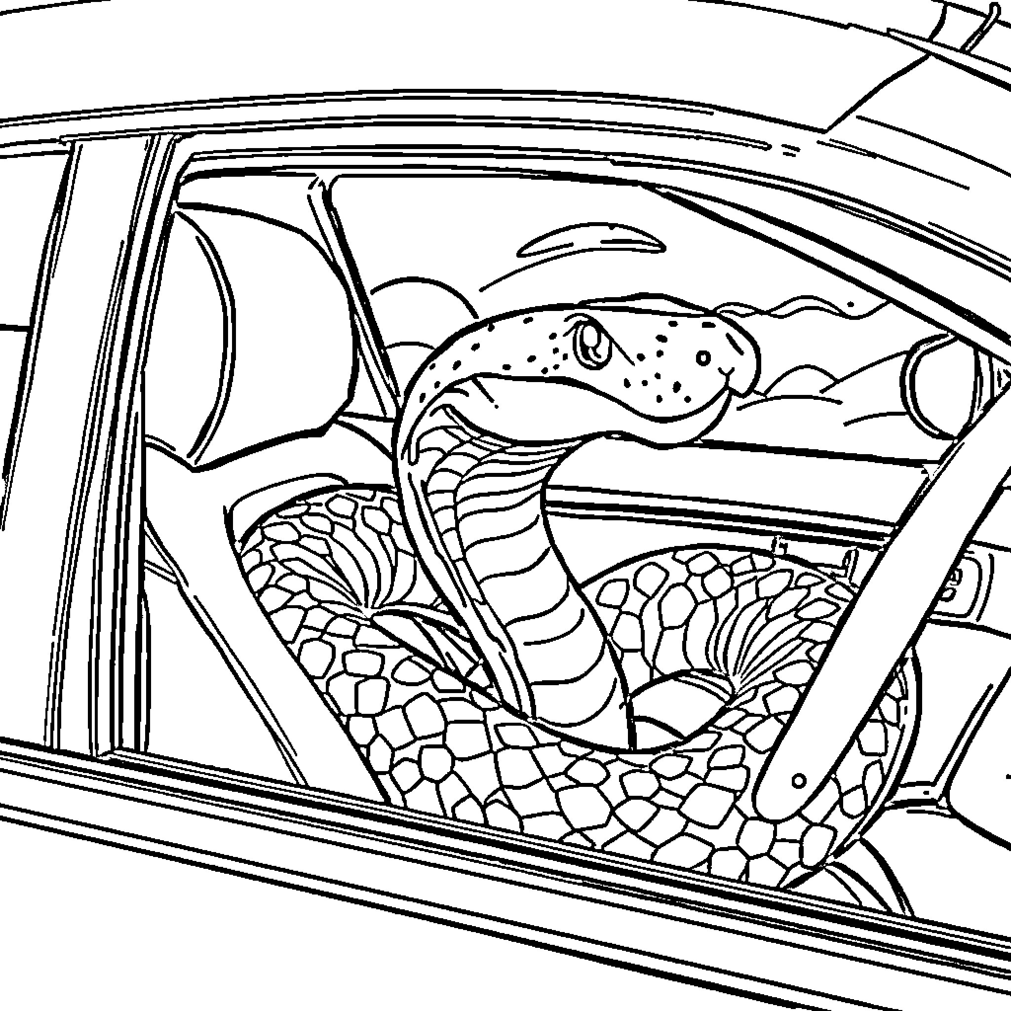 Python coiled inside a vintage car Coloring Page (free black-and-white line drawing printable PDF for all, from beginners to advanced learners, including children, teens, adults, and seniors)