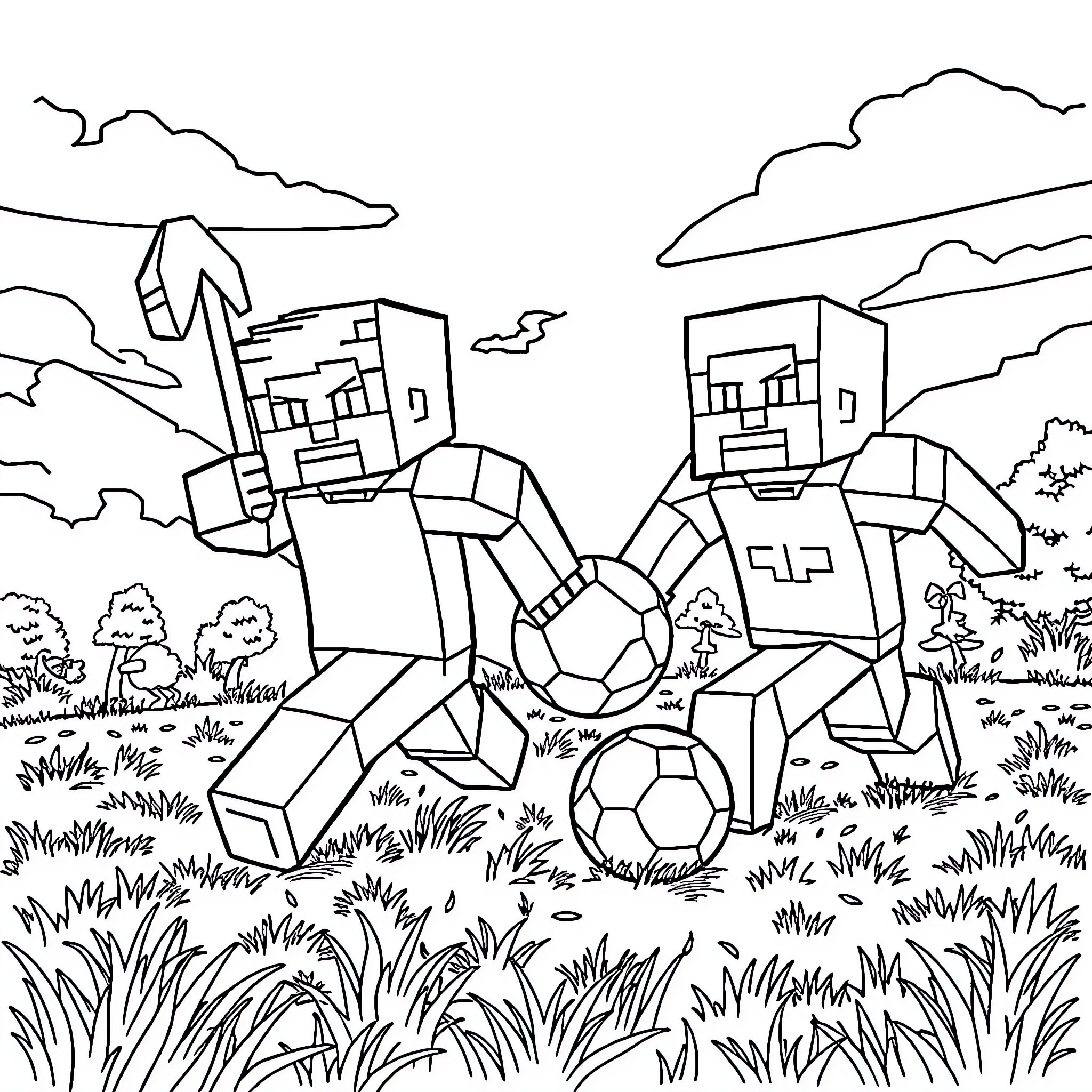 Minecraft players enjoying a game of soccer in the meadow Coloring Page (free black-and-white line drawing printable PDF for all, from beginners to advanced learners, including children, teens, adults, and seniors)