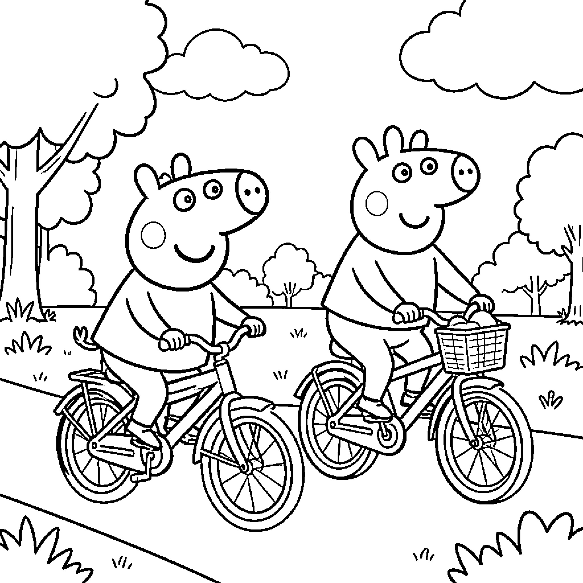 Peppa Pig and family go biking in the park Coloring Page (free black-and-white line drawing printable PDF for all, from beginners to advanced learners, including children, teens, adults, and seniors)