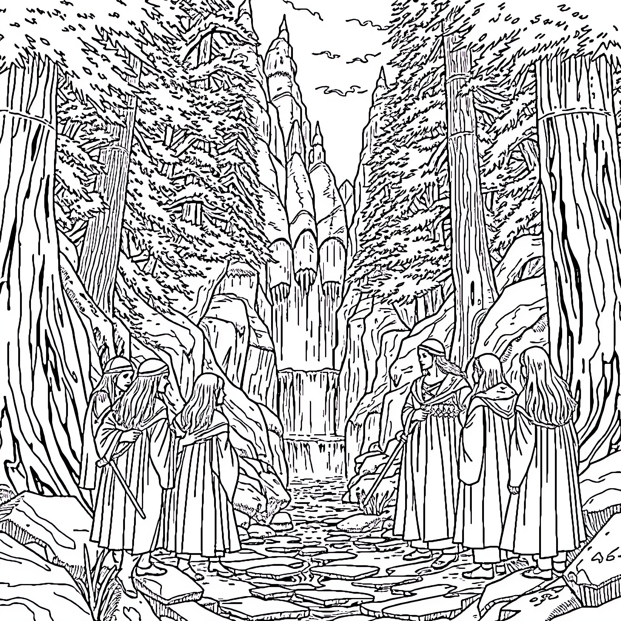 Fellowship Embarking on a Perilous Journey through Majestic Landscapes Coloring Page (free black-and-white line drawing printable PDF for all, from beginners to advanced learners, including children, teens, adults, and seniors)