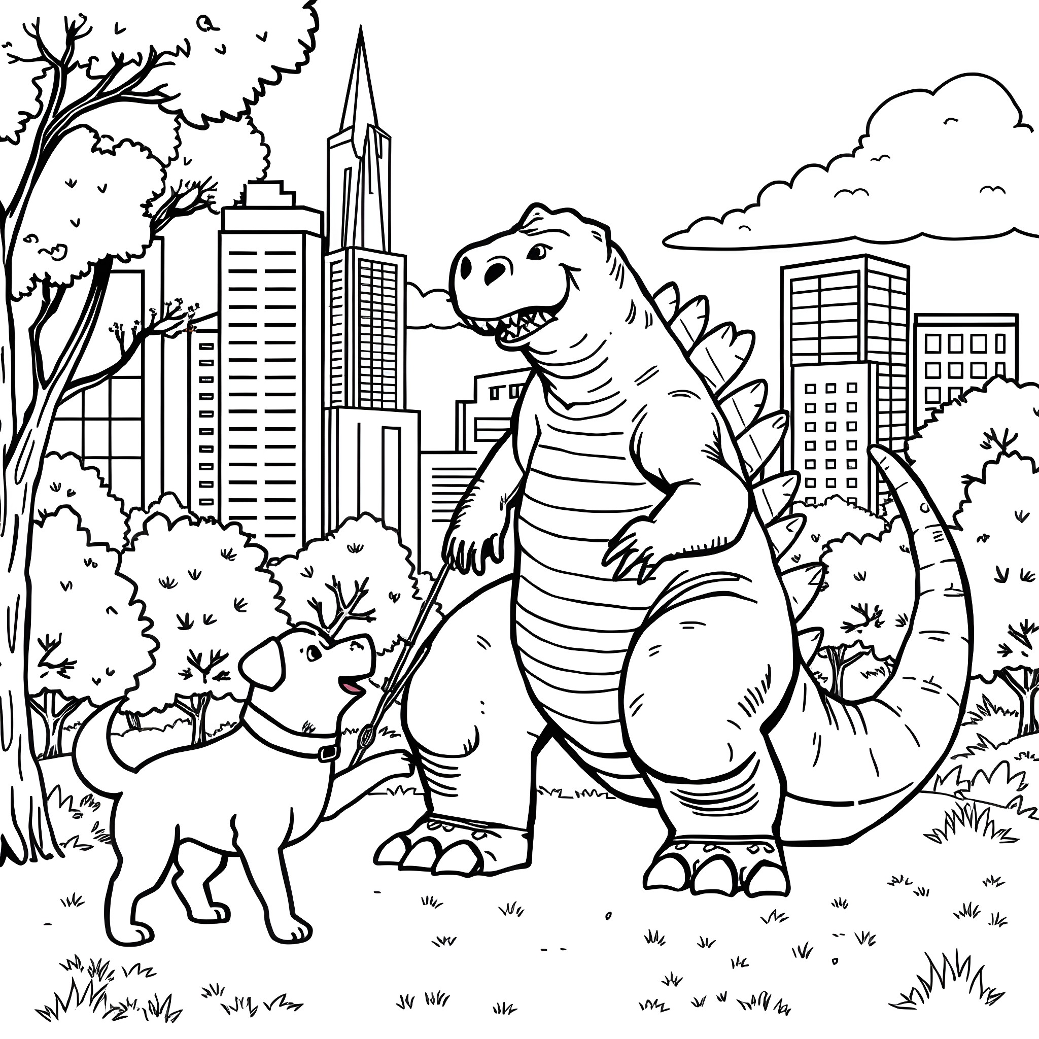 Godzilla roaring in the city surrounded by skyscrapers and trees Coloring Page (free black-and-white line drawing printable PDF for all, from beginners to advanced learners, including children, teens, adults, and seniors)