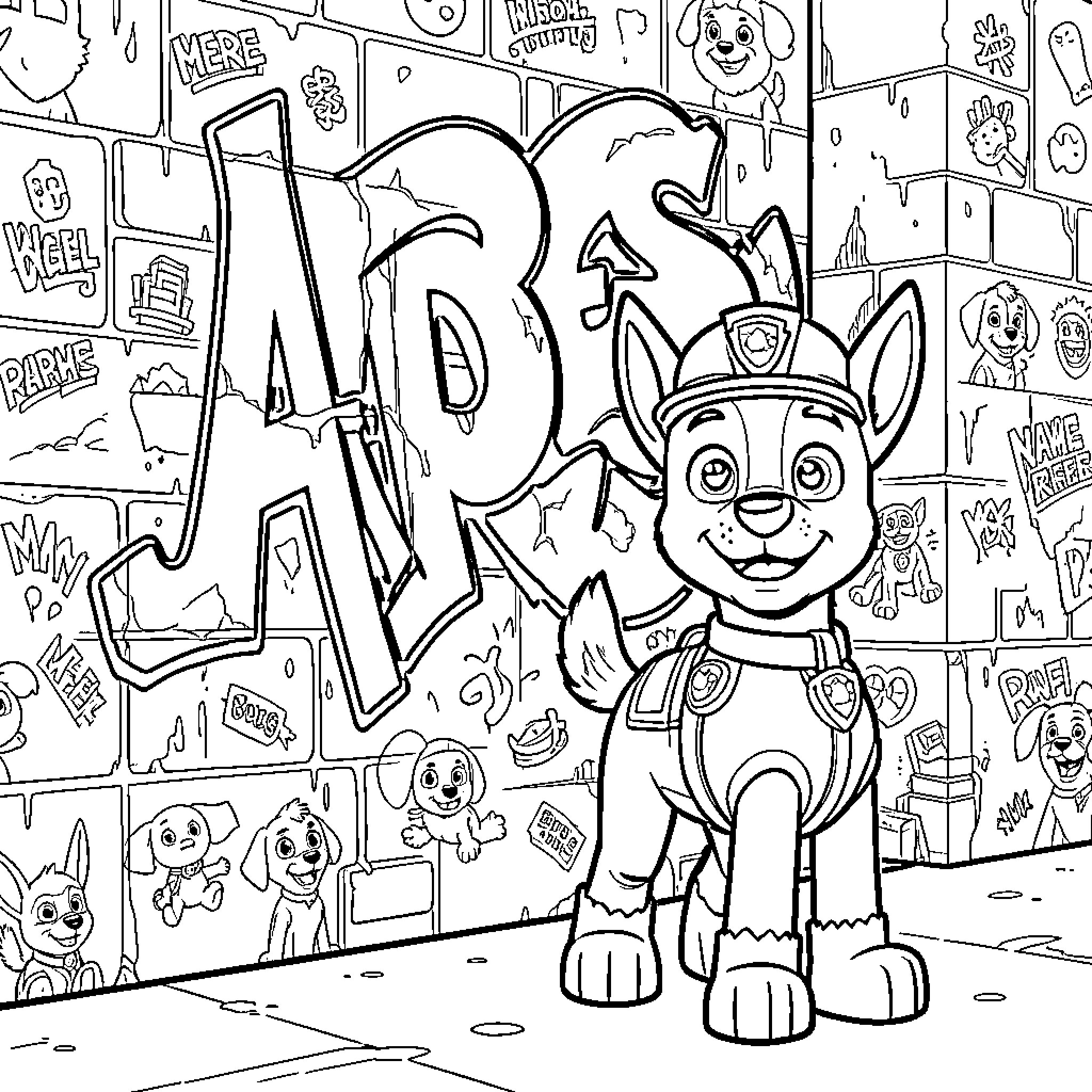 Marshall posing in front of a graffiti wall Coloring Page (free black-and-white line drawing printable PDF for all, from beginners to advanced learners, including children, teens, adults, and seniors)