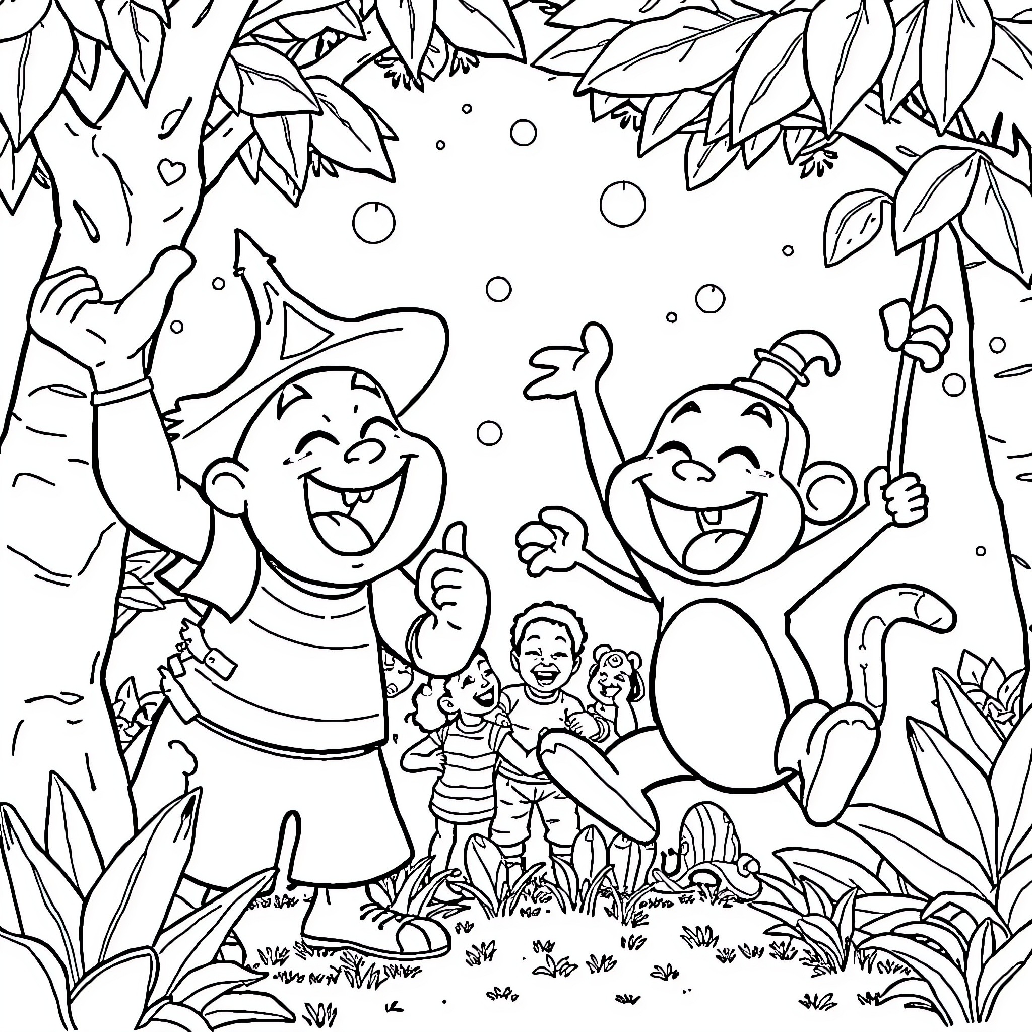 Tung Tung's Playful Adventure in the Lush Jungle Coloring Page (free black-and-white line drawing printable PDF for all, from beginners to advanced learners, including children, teens, adults, and seniors)
