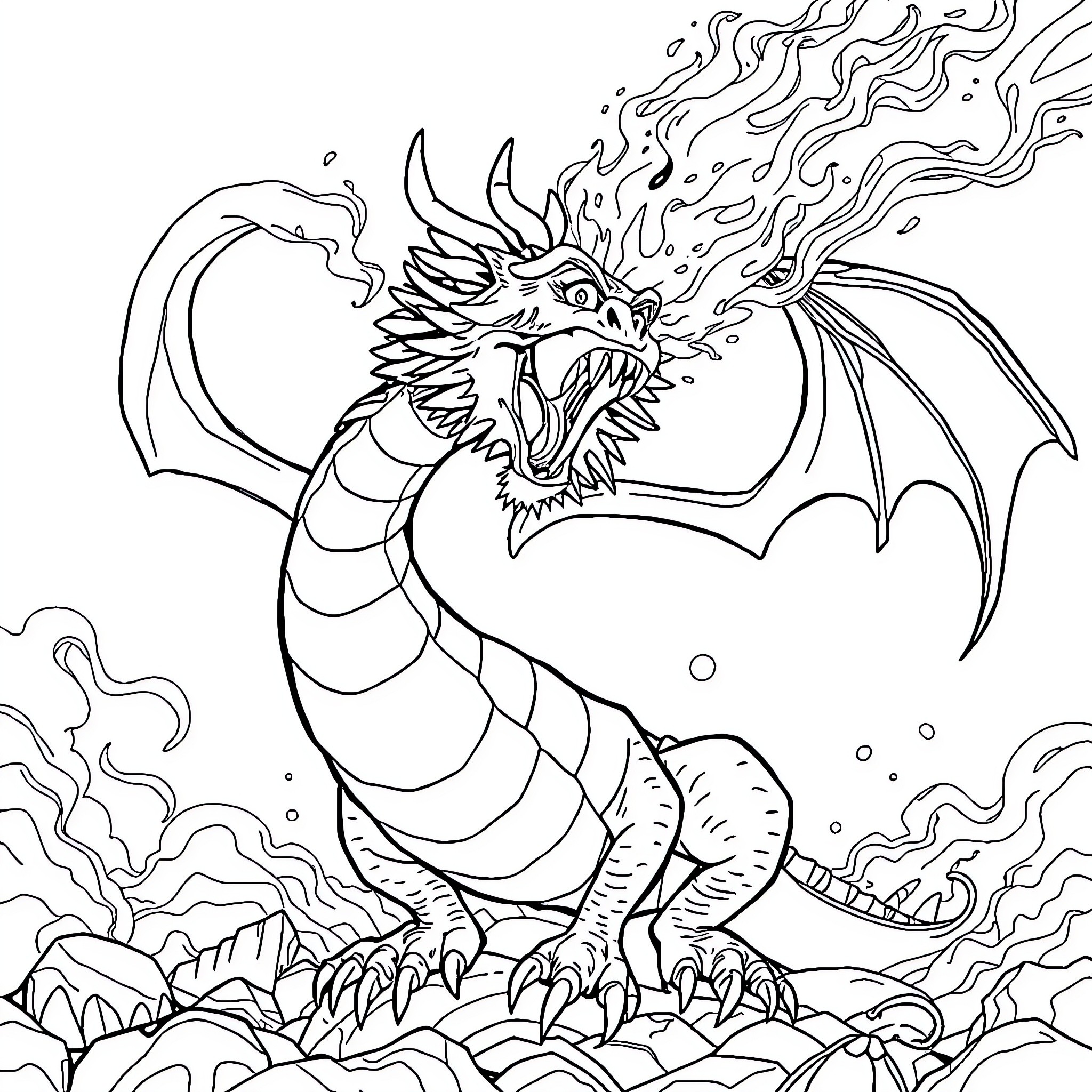 Dragon unleashing fiery breath in a fantastical landscape Coloring Page (free black-and-white line drawing printable PDF for all, from beginners to advanced learners, including children, teens, adults, and seniors)