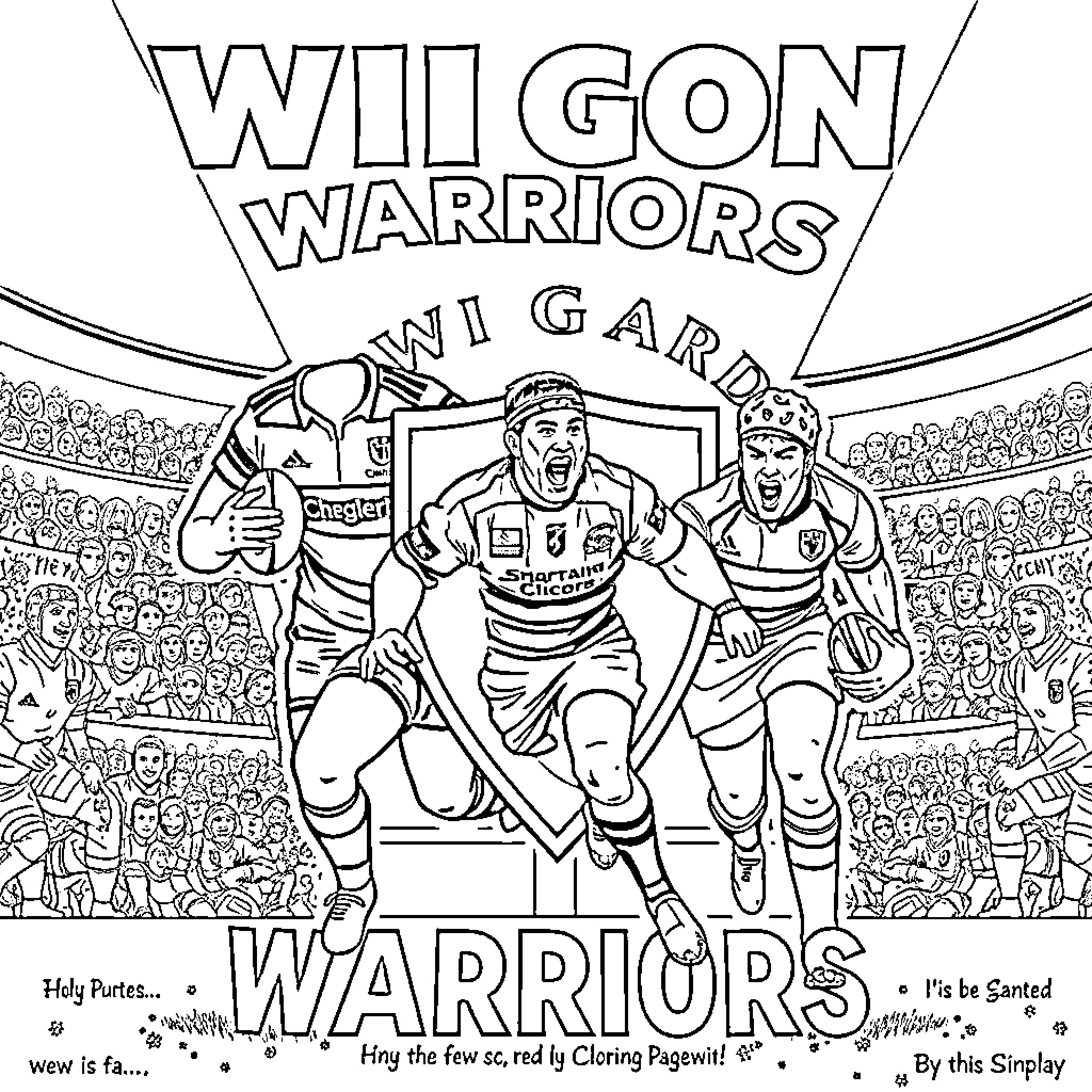 Wigan Warriors rugby players in action on the field Coloring Page (free black-and-white line drawing printable PDF for all, from beginners to advanced learners, including children, teens, adults, and seniors)