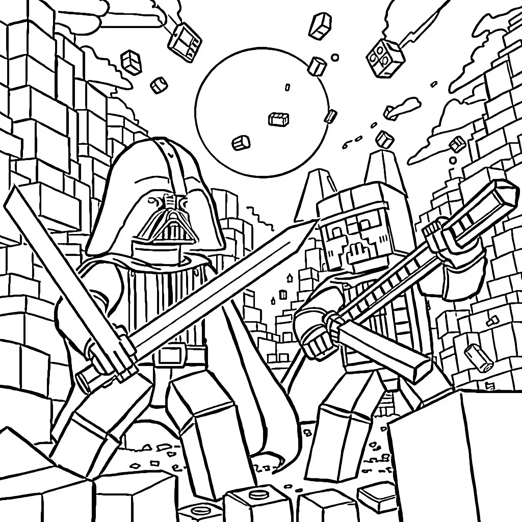 Star Wars Darth Vader Battles in Futuristic City Coloring Page (free black-and-white line drawing printable PDF for all, from beginners to advanced learners, including children, teens, adults, and seniors)