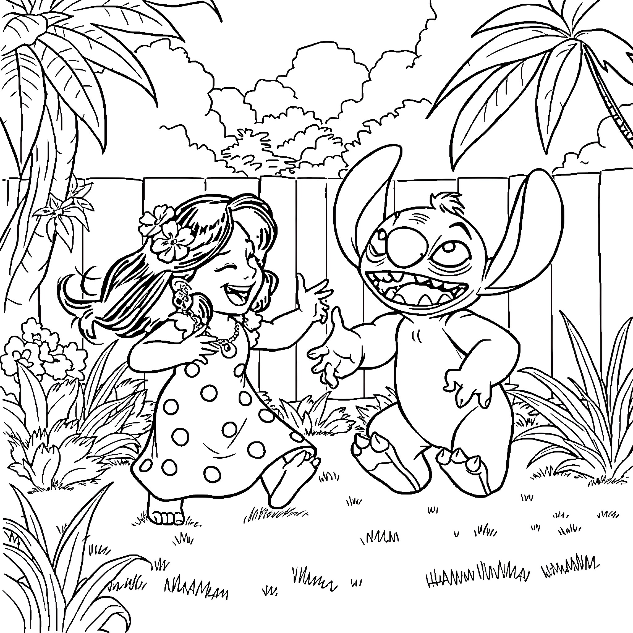 Lilo playing happily with Stitch in tropical garden Coloring Page (free black-and-white line drawing printable PDF for all, from beginners to advanced learners, including children, teens, adults, and seniors)
