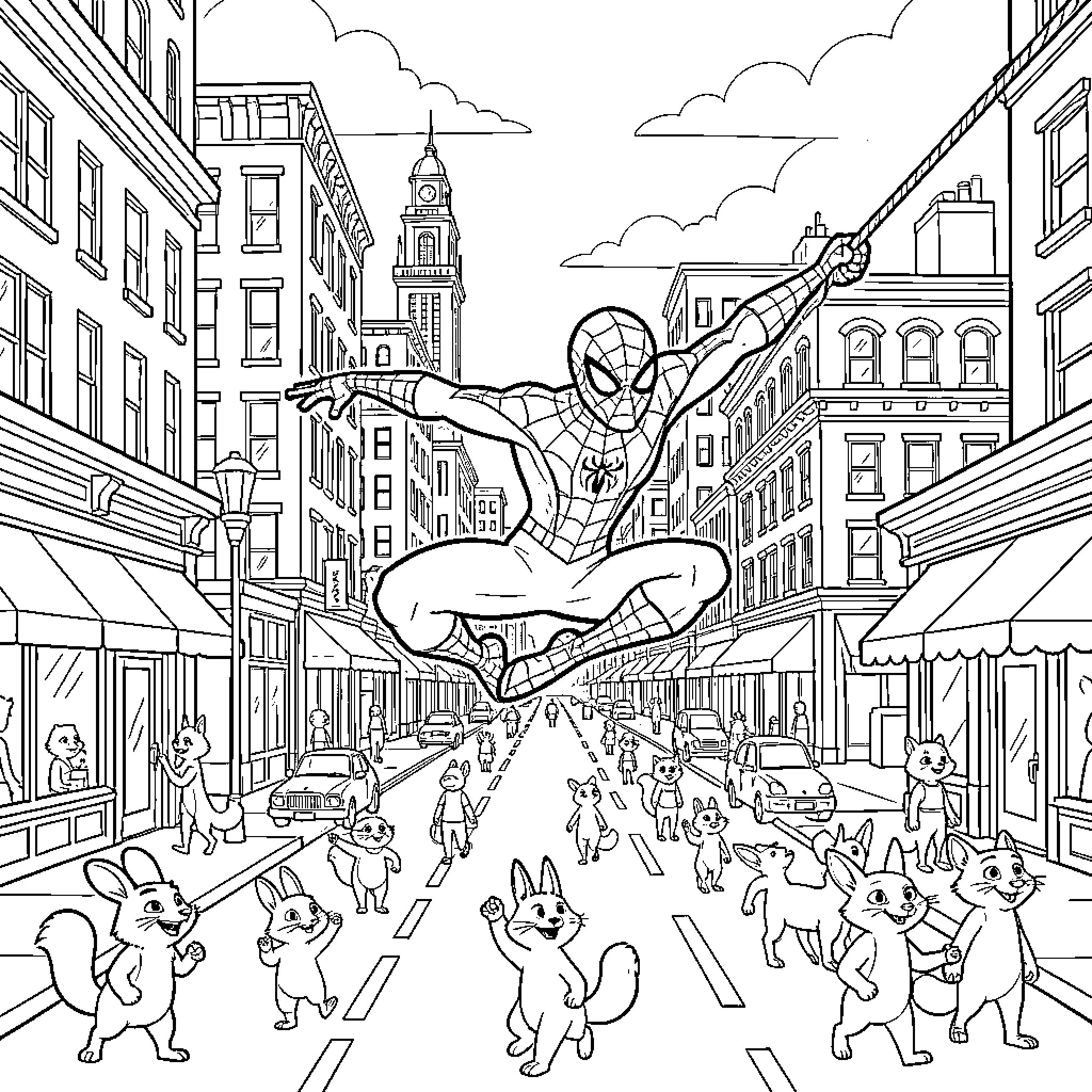 Spider-Man swinging through a busy city street Coloring Page (free black-and-white line drawing printable PDF for all, from beginners to advanced learners, including children, teens, adults, and seniors)
