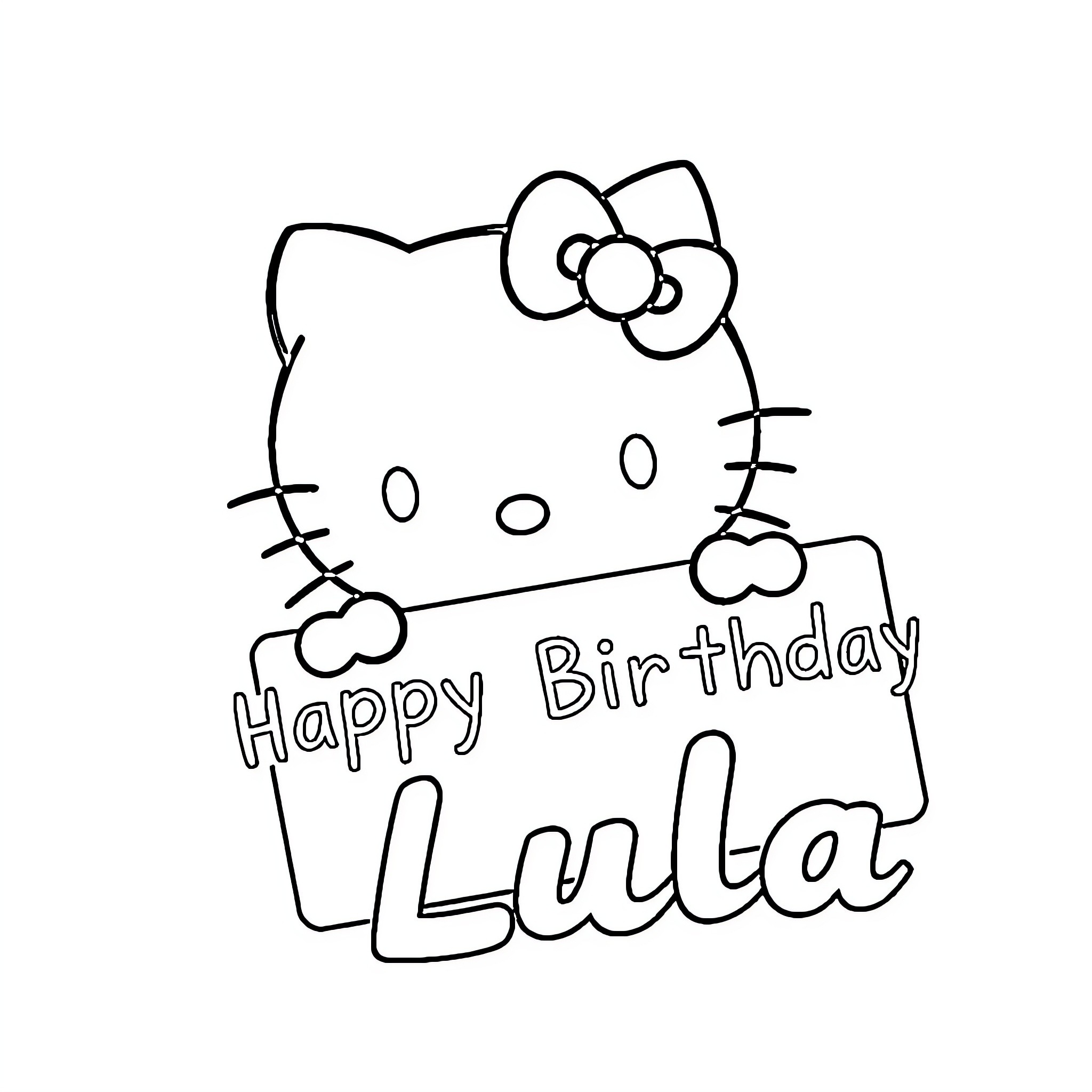 Hello Kitty wishing a happy birthday Coloring Page (free black-and-white line drawing printable PDF for all, from beginners to advanced learners, including children, teens, adults, and seniors)