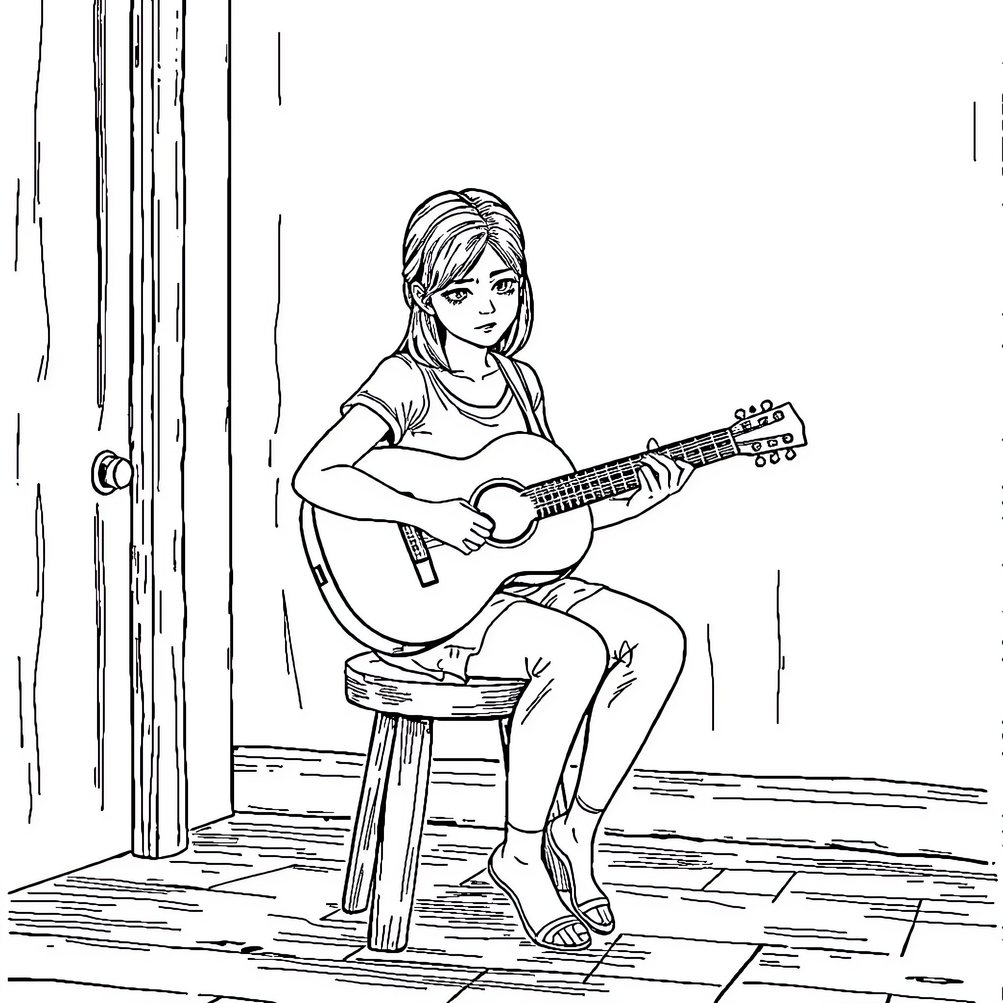 Ellie playing guitar in a cozy corner Coloring Page (free black-and-white line drawing printable PDF for all, from beginners to advanced learners, including children, teens, adults, and seniors)