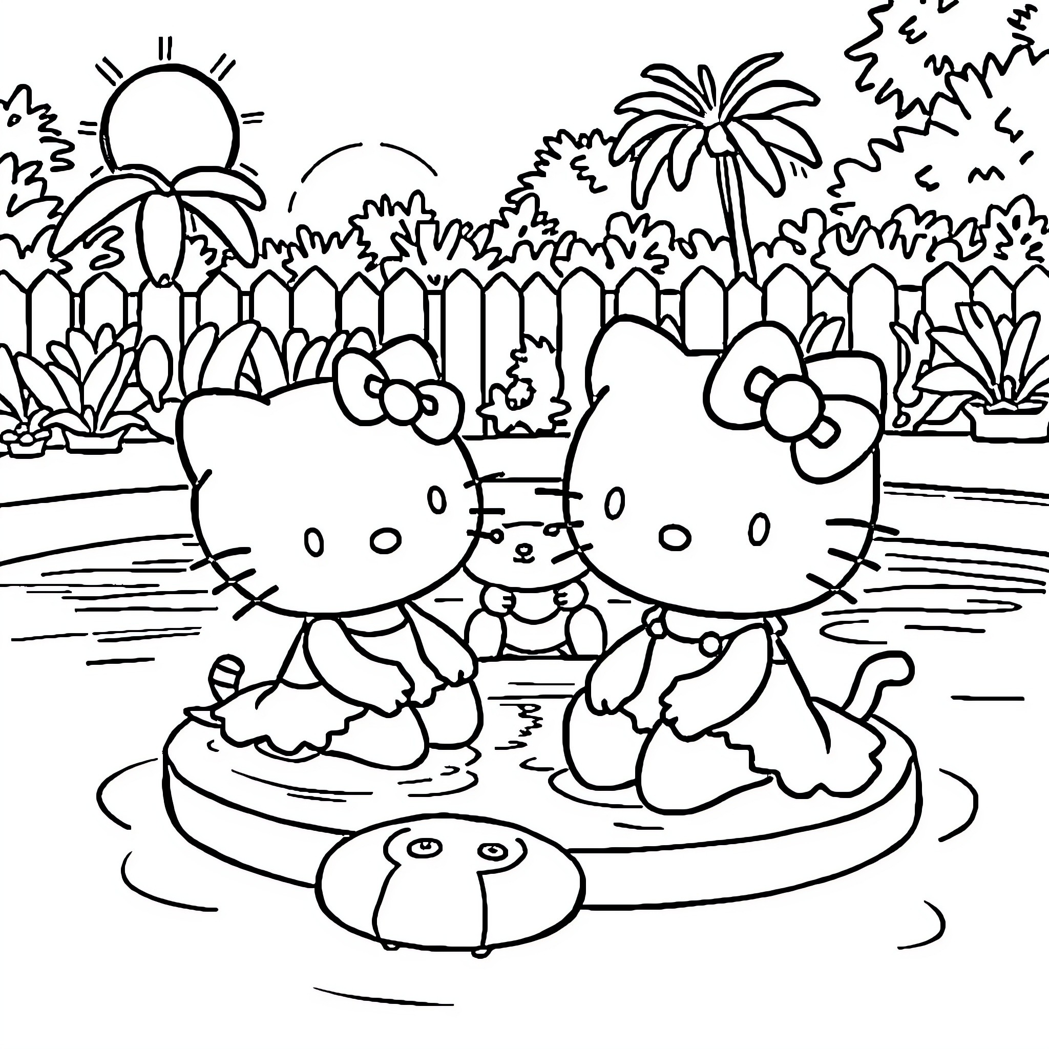 Hello Kitty friends play in tropical paradise Coloring Page (free black-and-white line drawing printable PDF for all, from beginners to advanced learners, including children, teens, adults, and seniors)