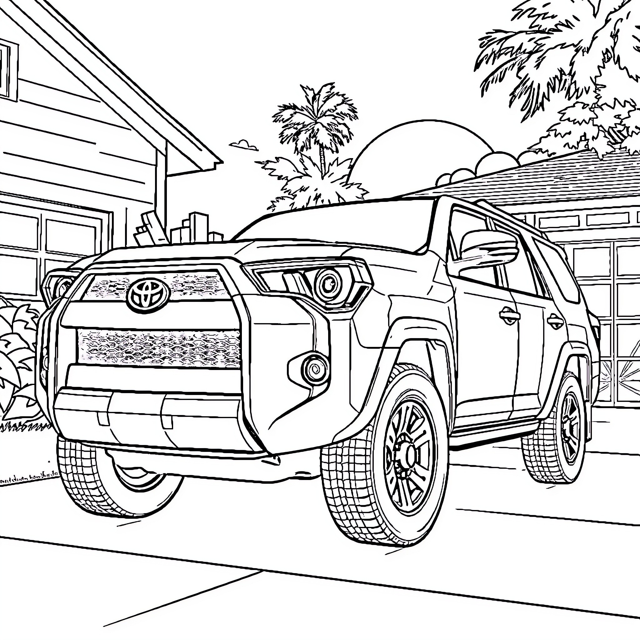 Toyota 4Runner enjoying scenic tropical environment Coloring Page (free black-and-white line drawing printable PDF for all, from beginners to advanced learners, including children, teens, adults, and seniors)