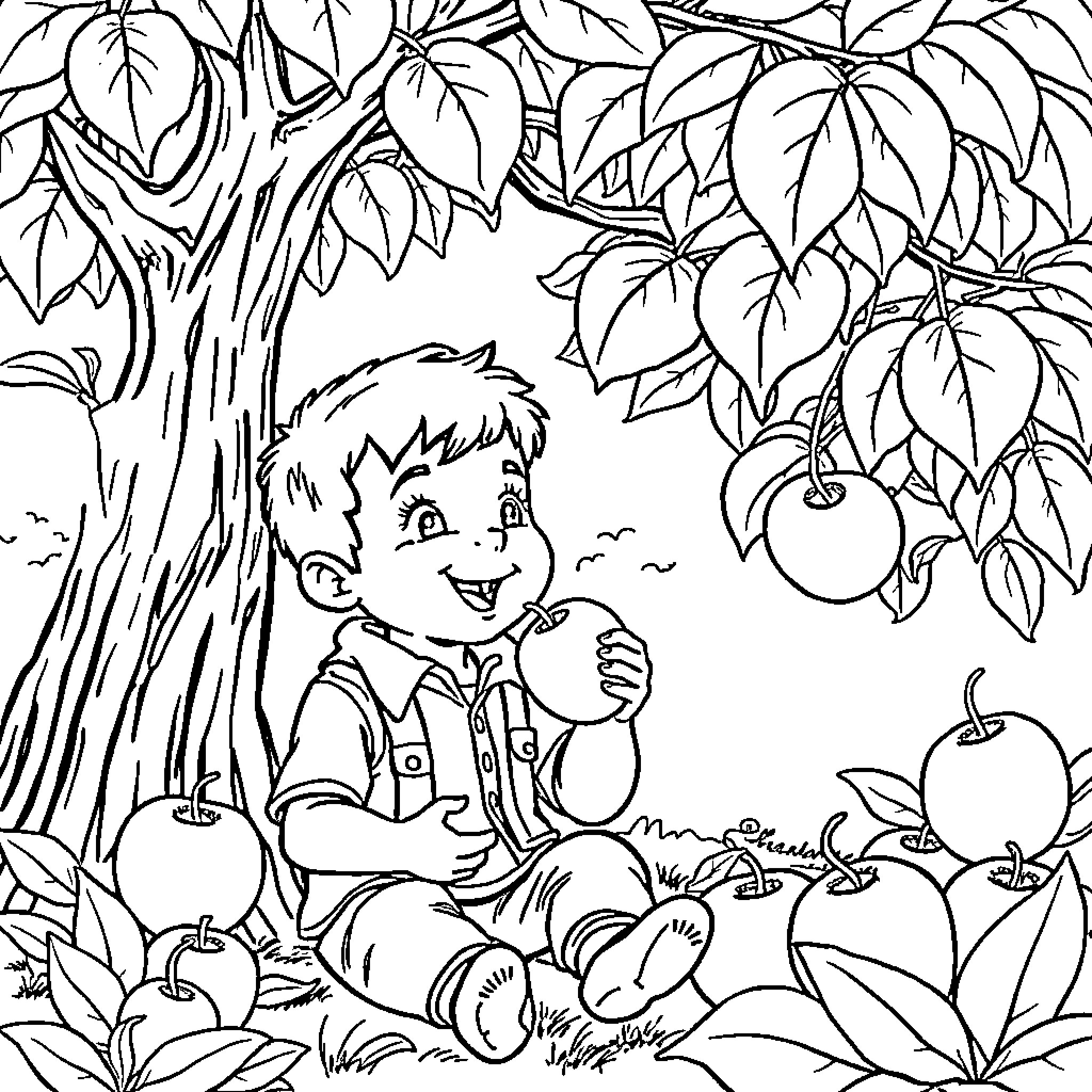 Fernando enjoying the fruit in the lush forest Coloring Page (free black-and-white line drawing printable PDF for all, from beginners to advanced learners, including children, teens, adults, and seniors)